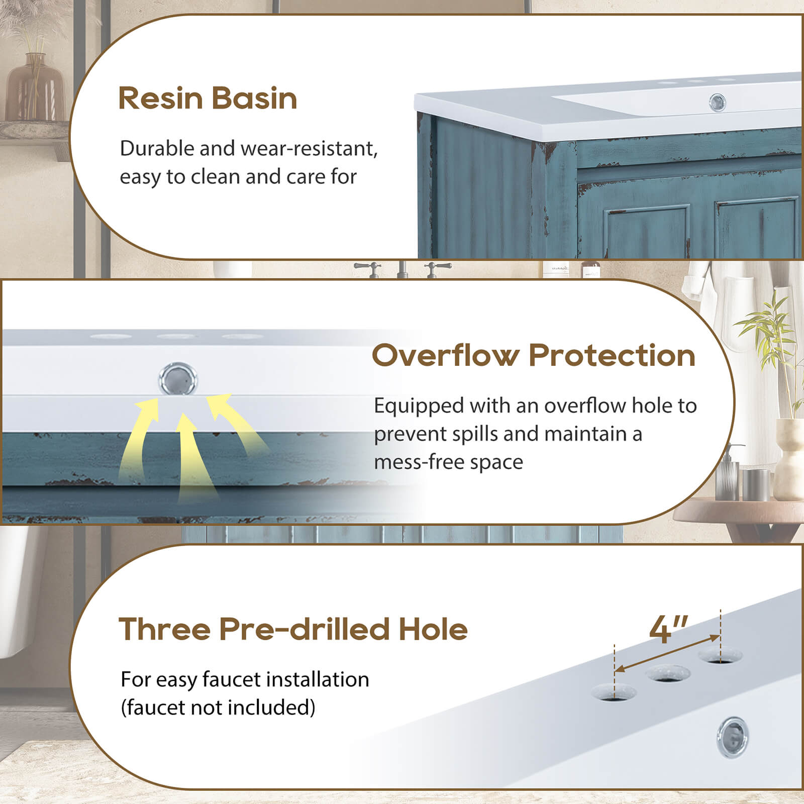 Mounting Hole Instructions for 36 inch Vintage Blue Bathroom Vanity with Grid Patterned Doors