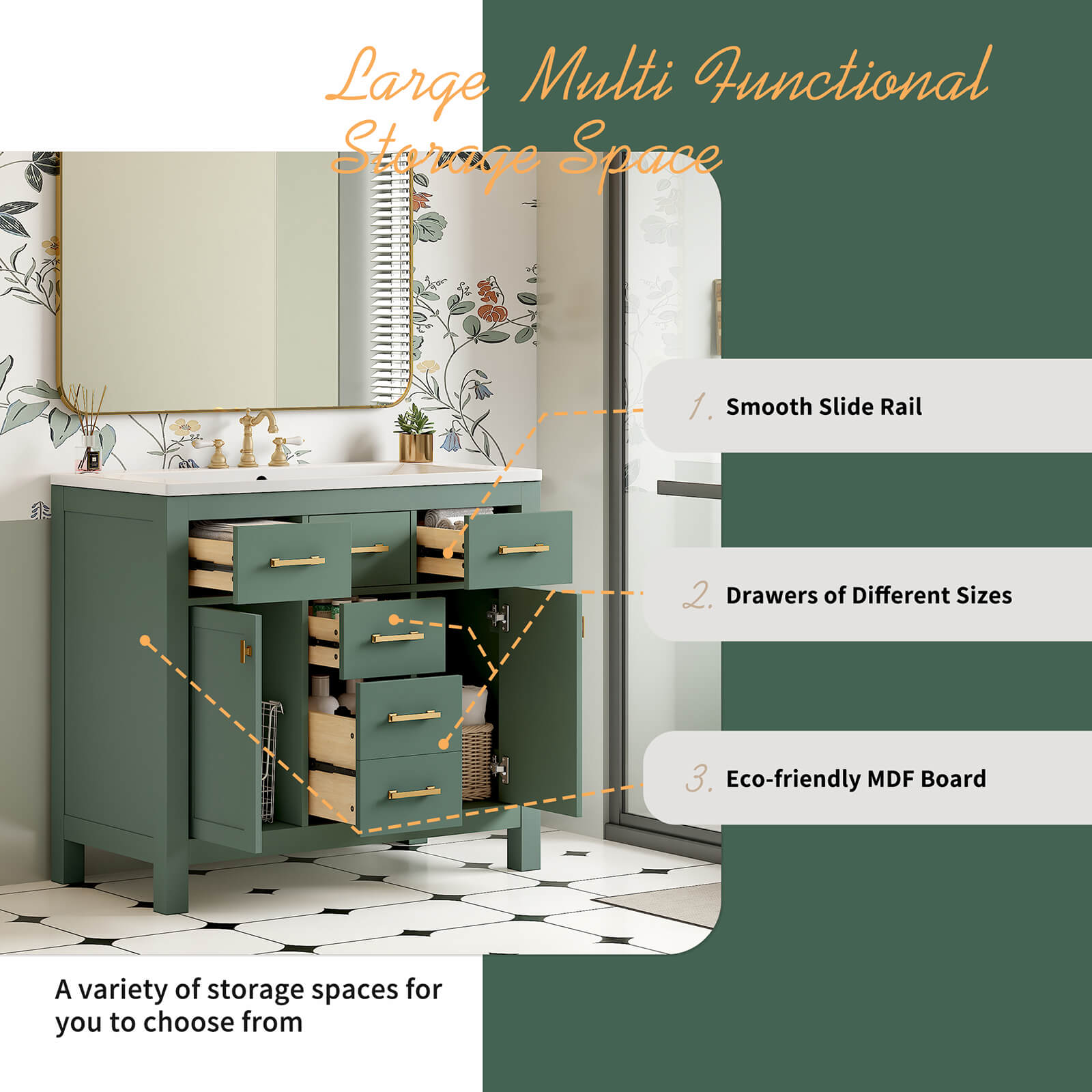 36" Green Bathroom Storage Vanity with 3-Hole Top