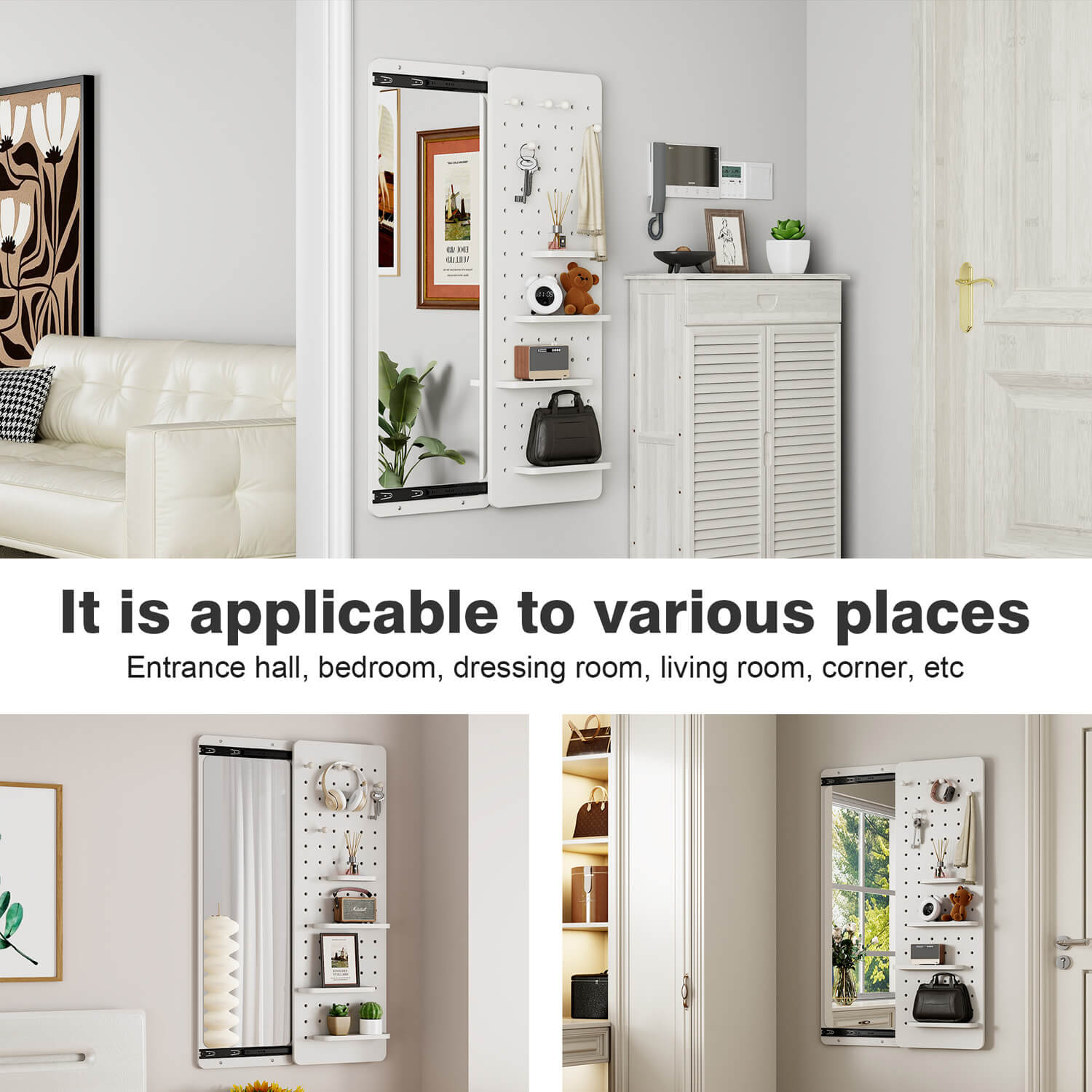 Multi purpose mirror with pegboard storage for entryway bedroom living room