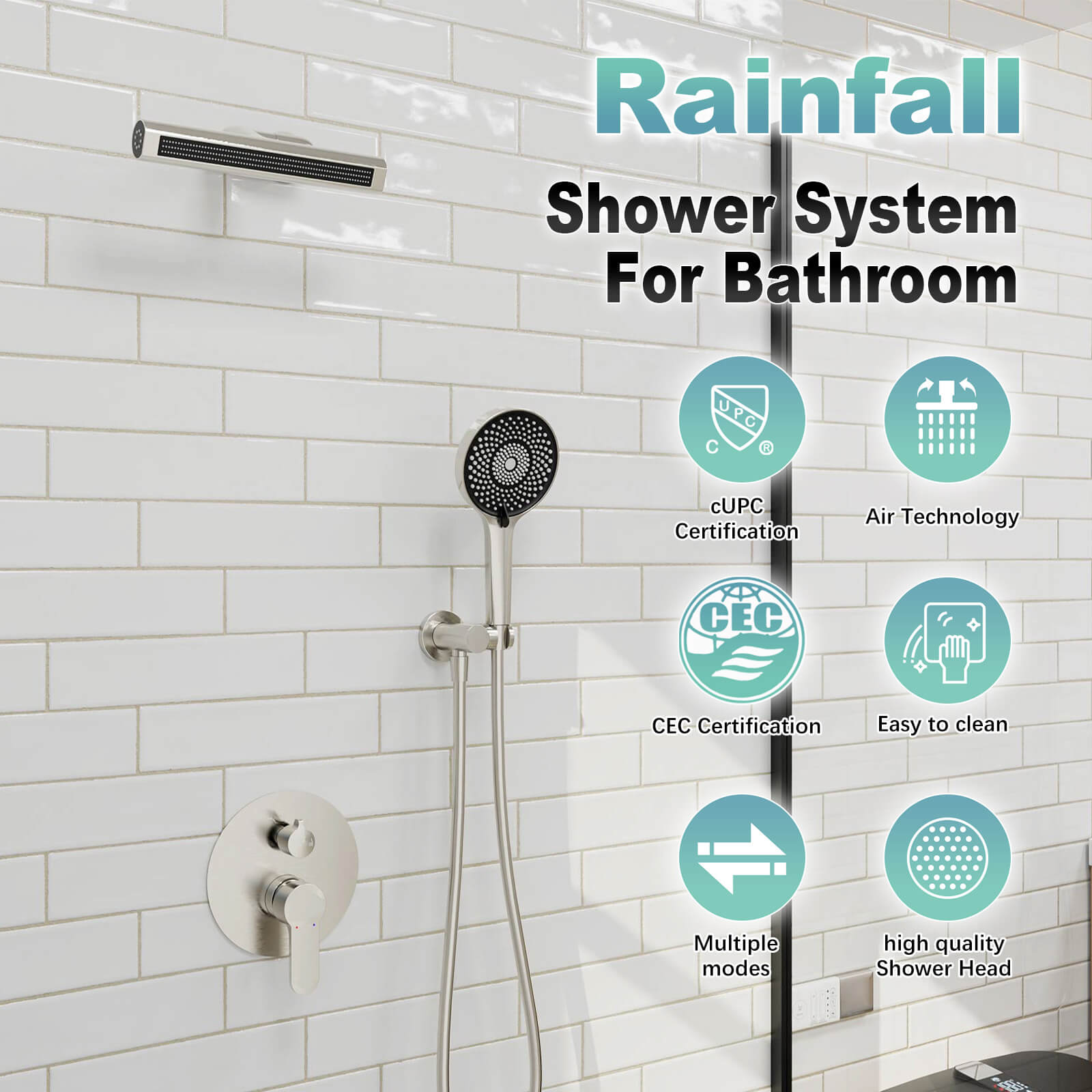 8" Shower Systems with Adjustable 3-Spray Cylindrical Shower Head And 6-Spray Handheld, Wall Mount
