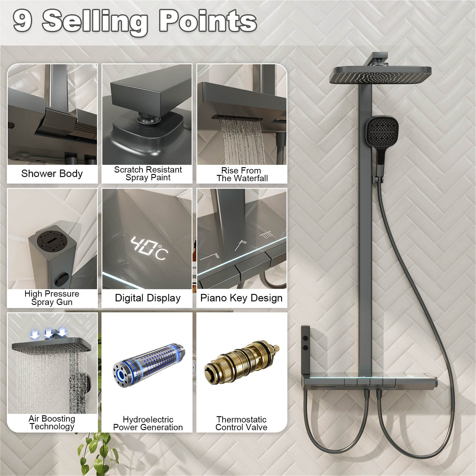 12" Thermostatic Shower System with Piano Key Digital Display Ambient Lights, Tub Spout, Hand Shower, Bidet Sprayer