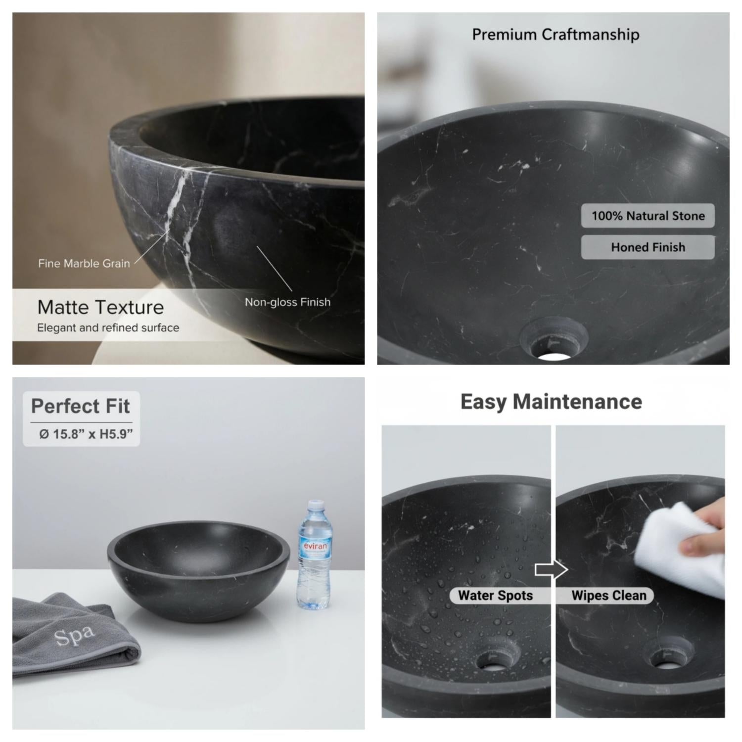 16" Dark Gray Marble Round Above-Counter Bathroom Sink