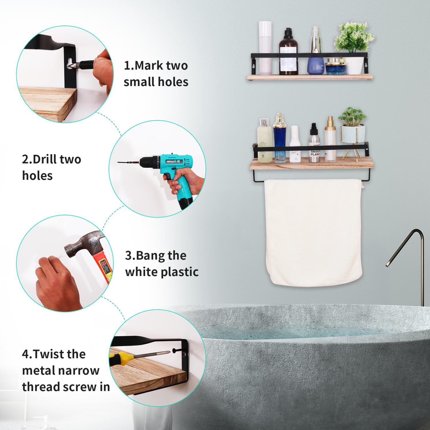 Wall-Mounted Shelves with Brackets for Bathroom Storage Organizer (Set of 2)