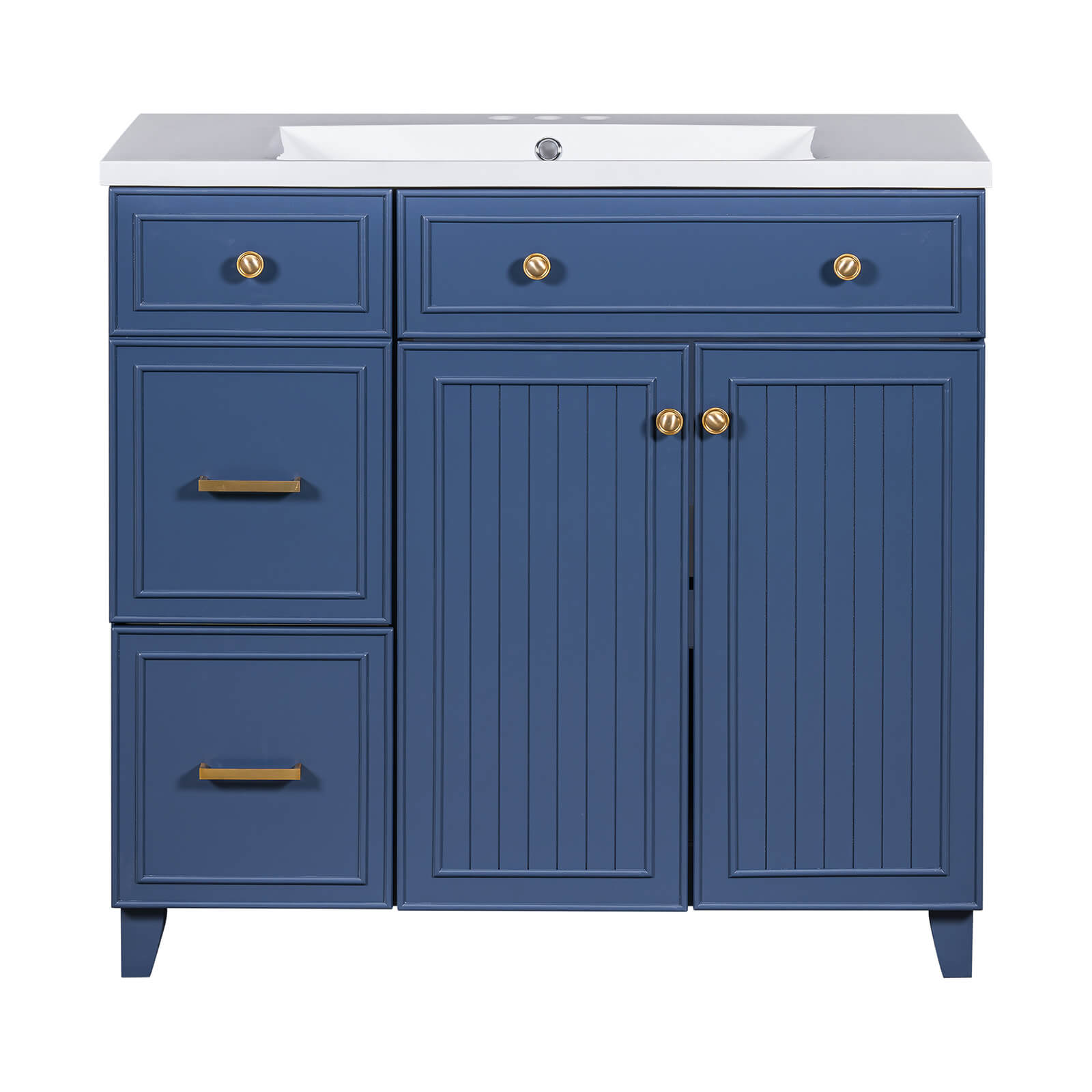 Navy blue bathroom vanity with elegant design and storage