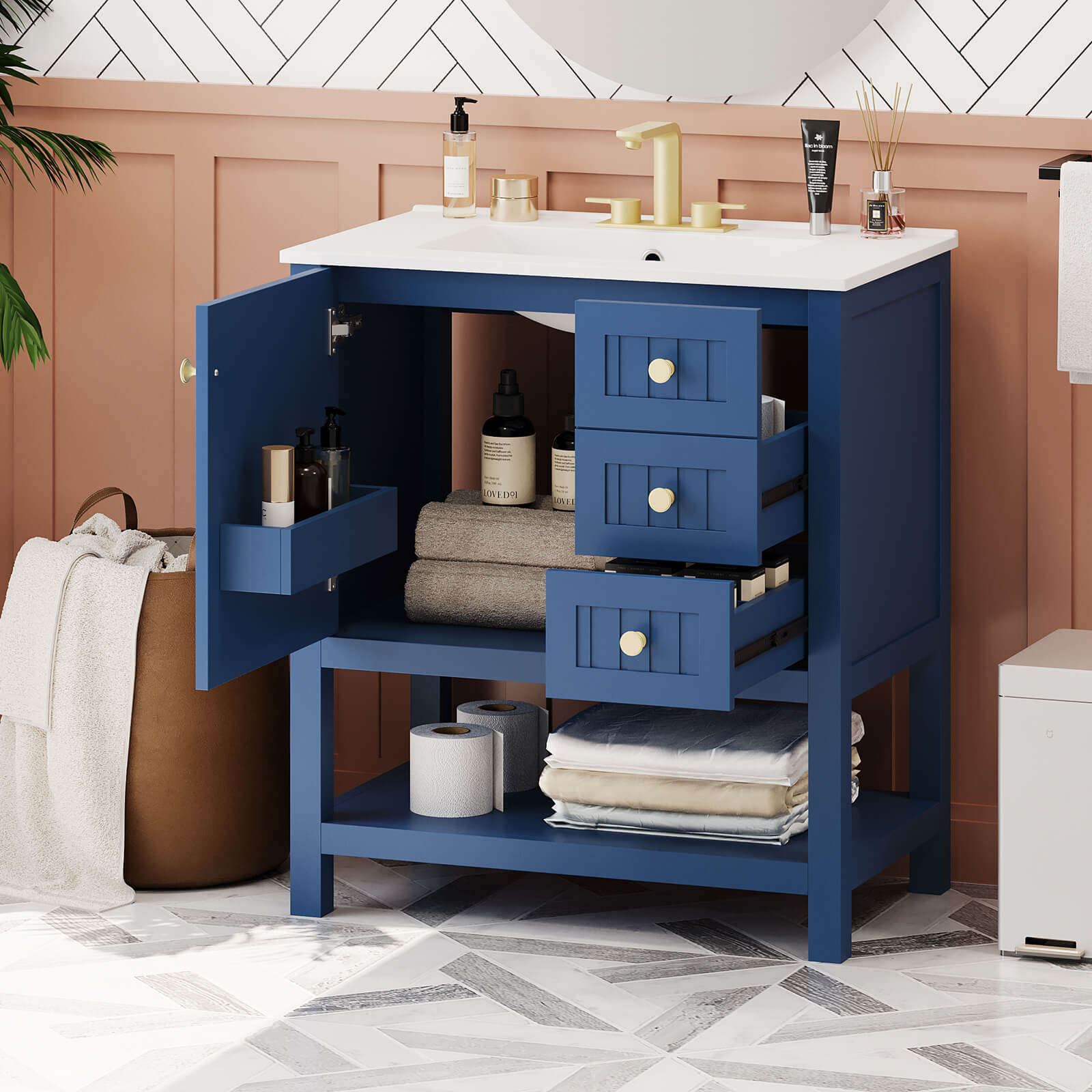 Navy blue bathroom vanity with storage for cosmetics and towels