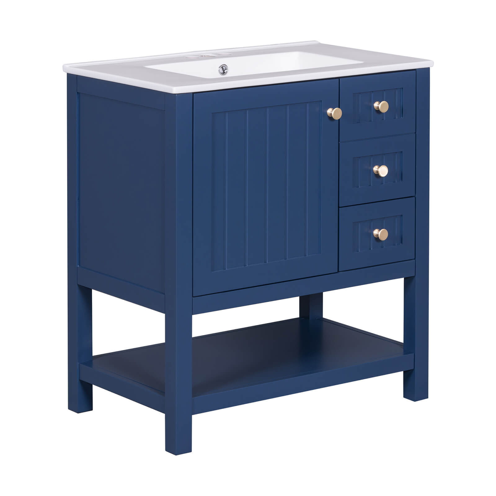 Navy blue bathroom vanity with two drawers and cabinet