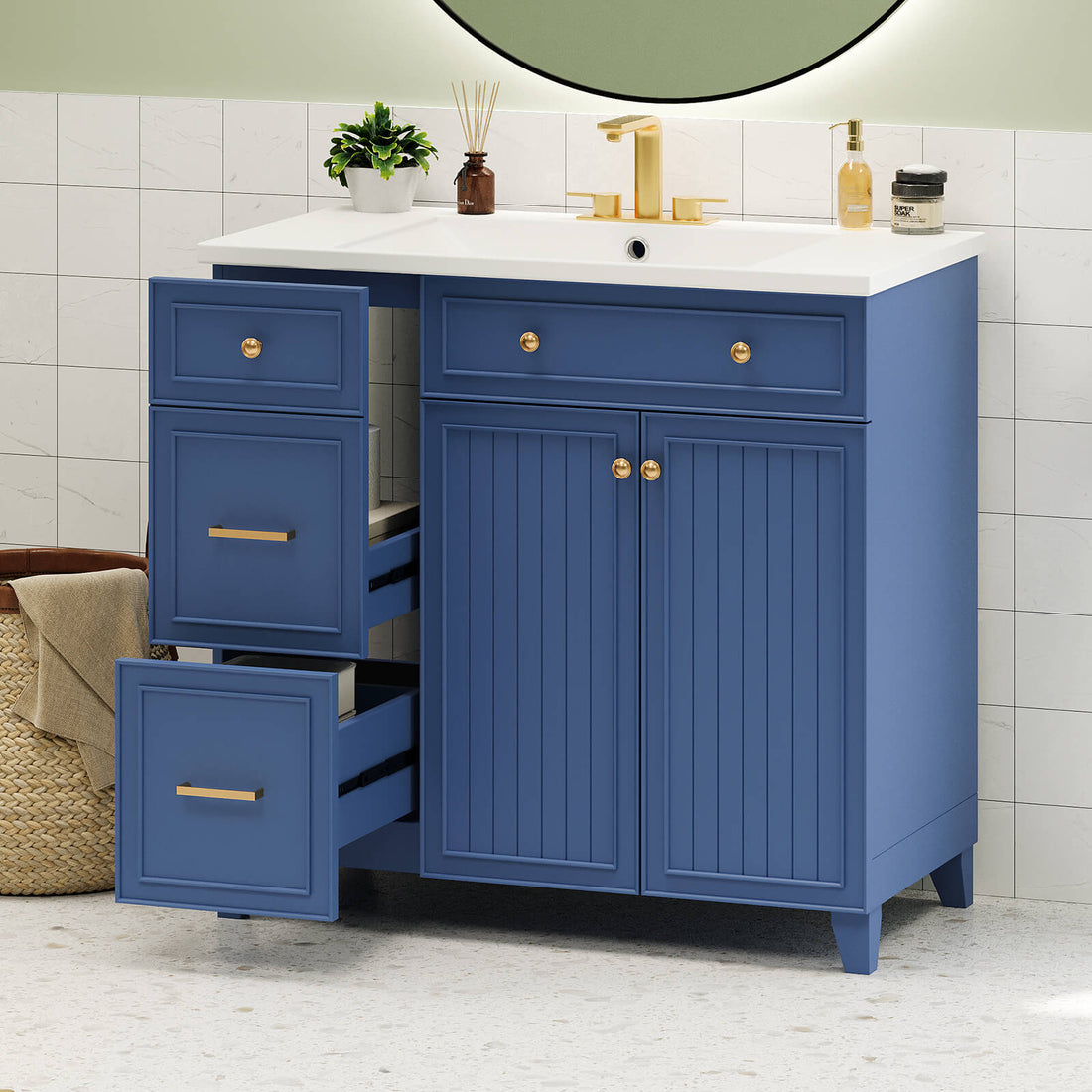 Navy blue vanity with resin sink and adjustable shelving
