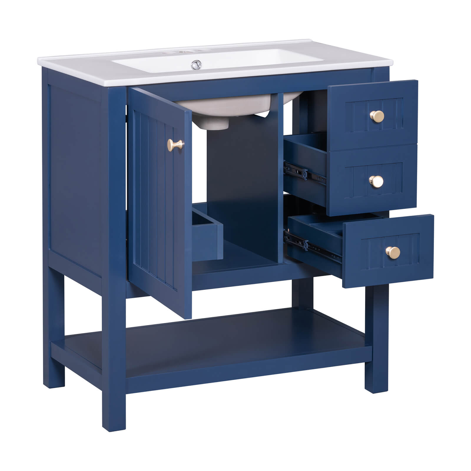 Navy blue vanity with sleek design and easy maintenance
