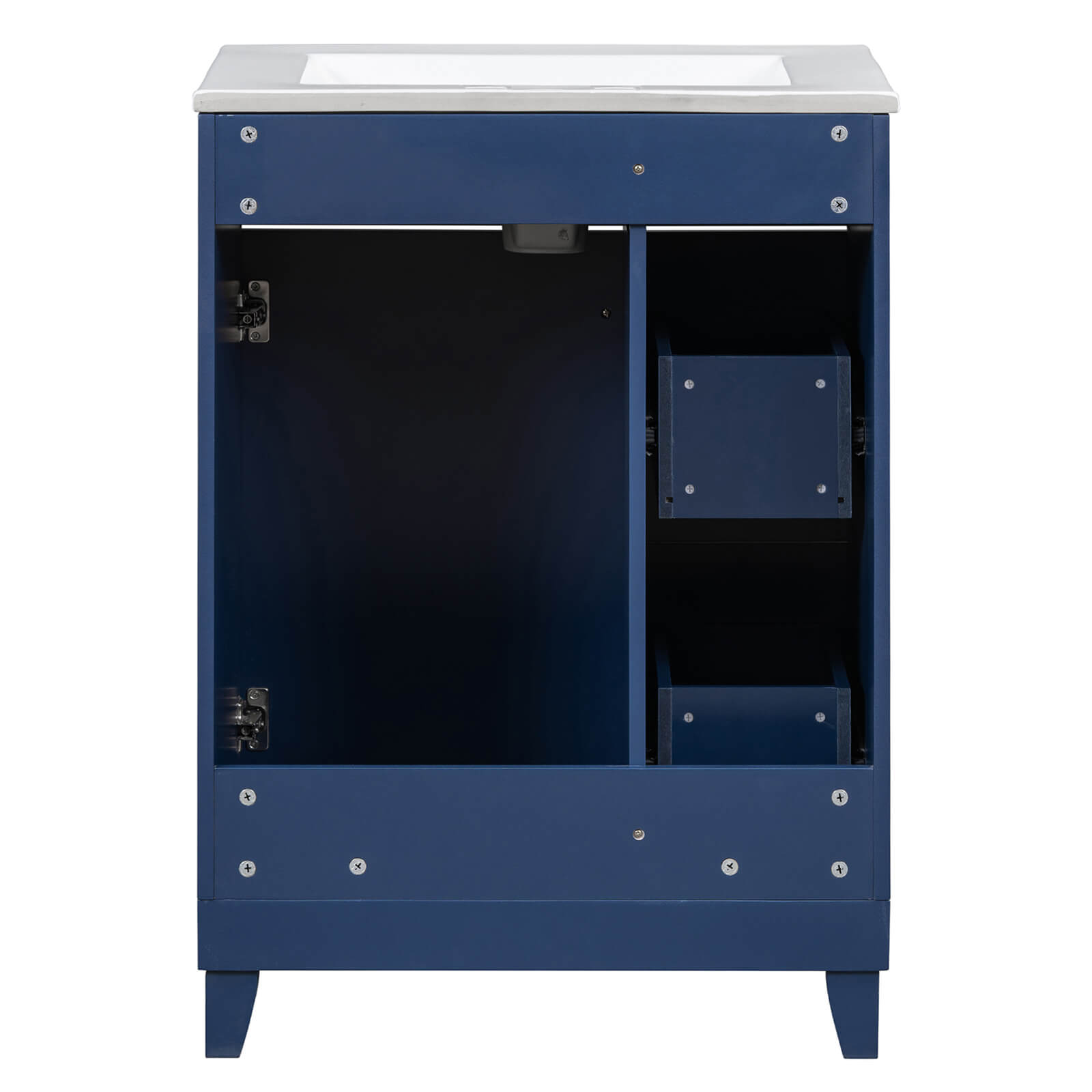 Navy blue vanity with smooth drawer glides and elegant under-counter sink
