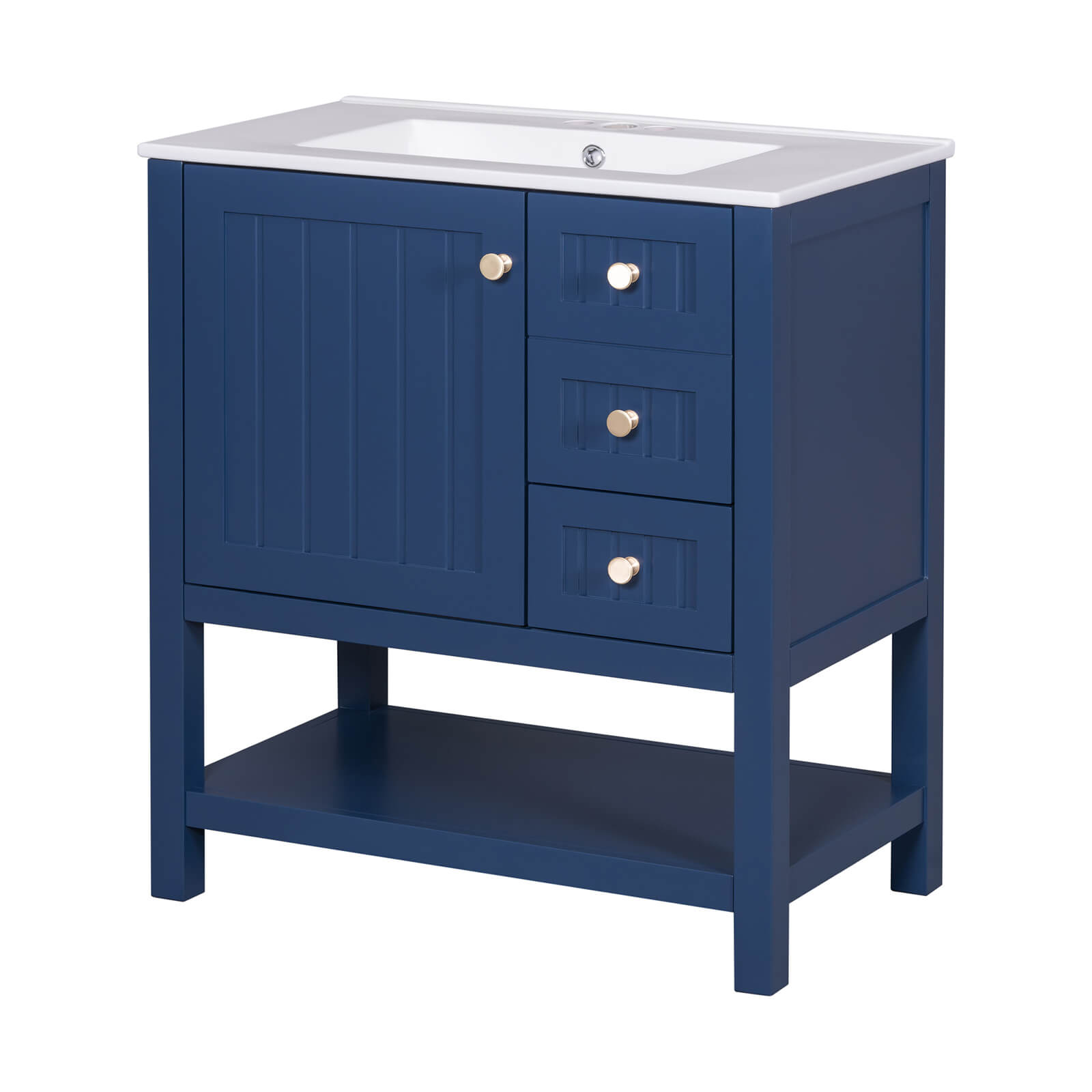 Navy blue vanity with soft-close drawers and cabinet door