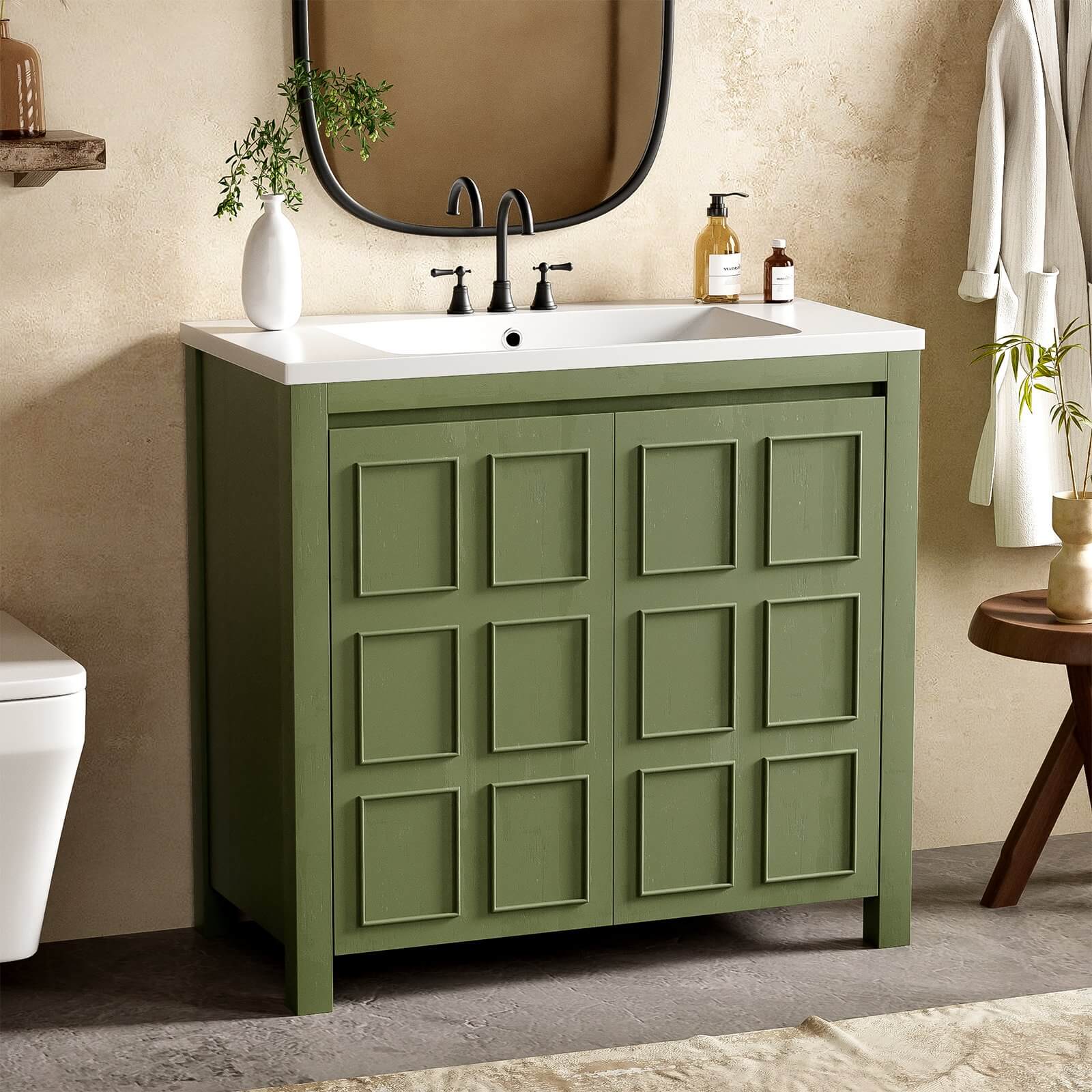 Olive green bathroom vanity with mesh doors and vintage design