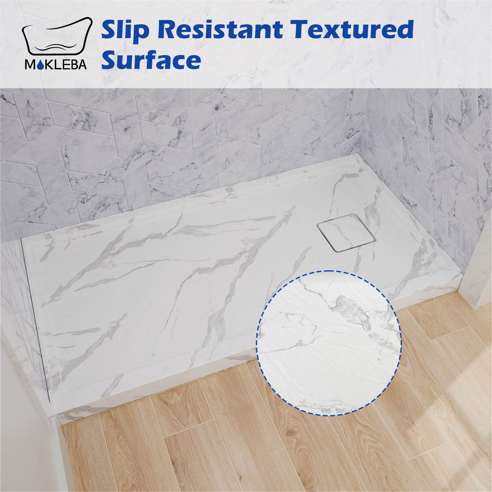 One piece marble look shower base with natural veining