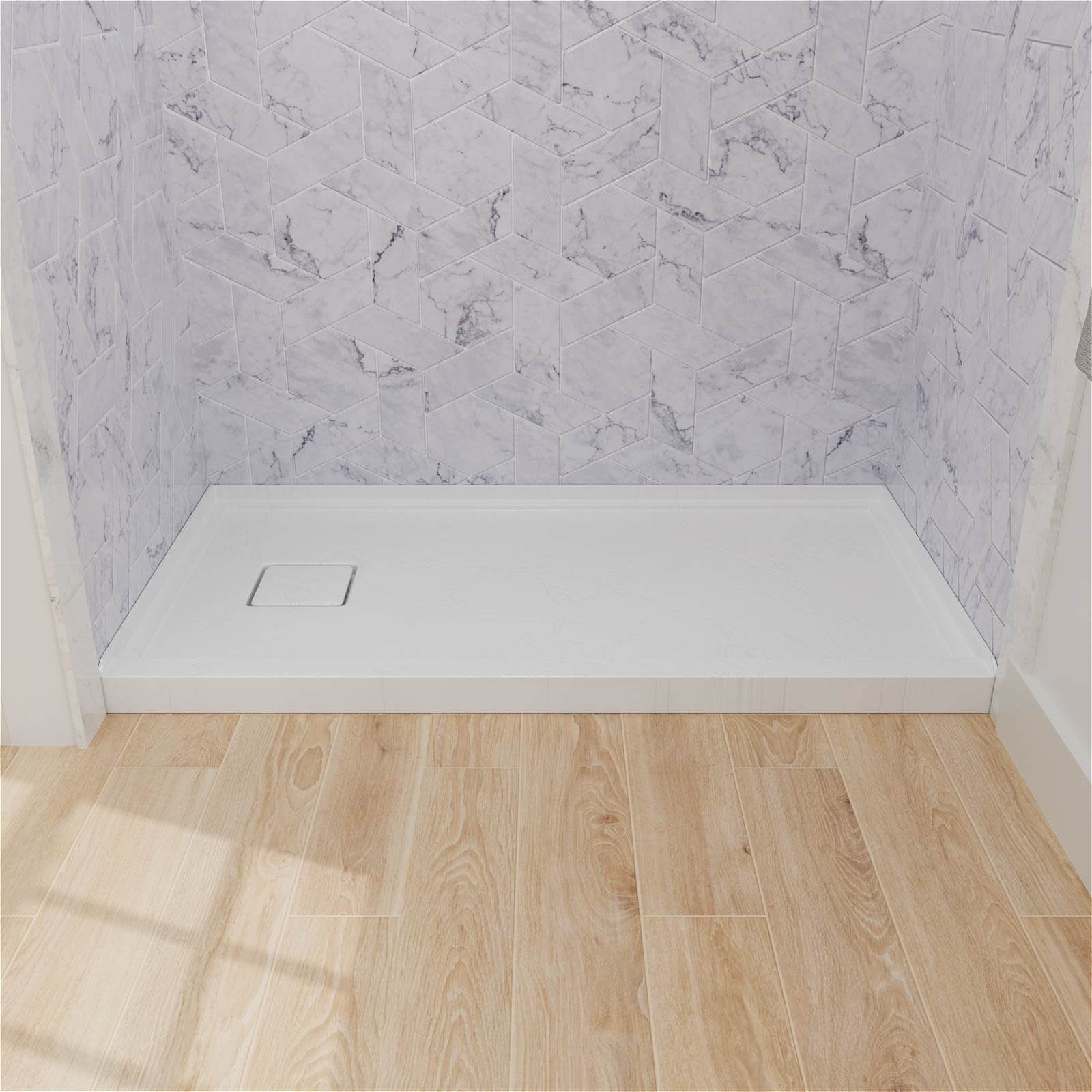 One piece white shower base with modern left side drain