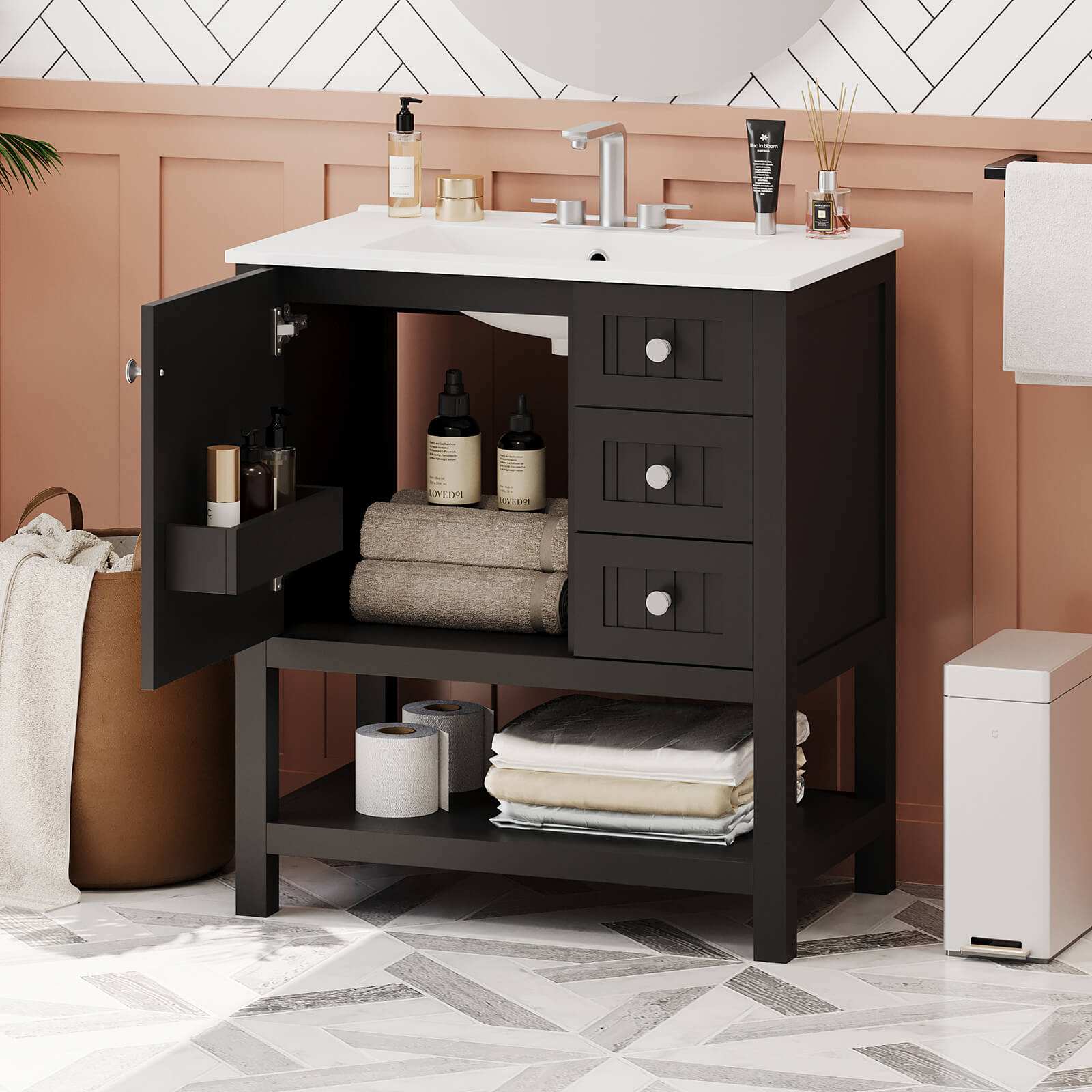 Open bottom shelf design of the 30-inch black freestanding vanity