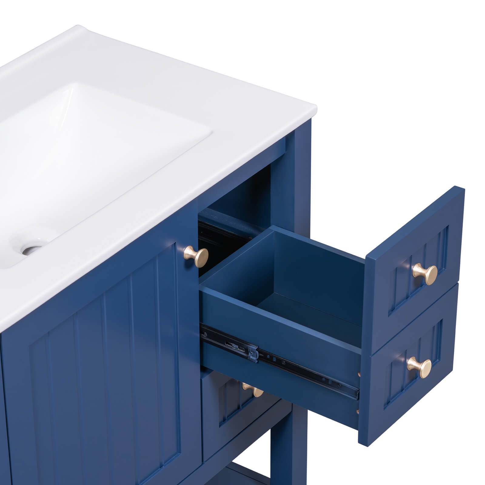 Open shelf bathroom vanity with easy access storage
