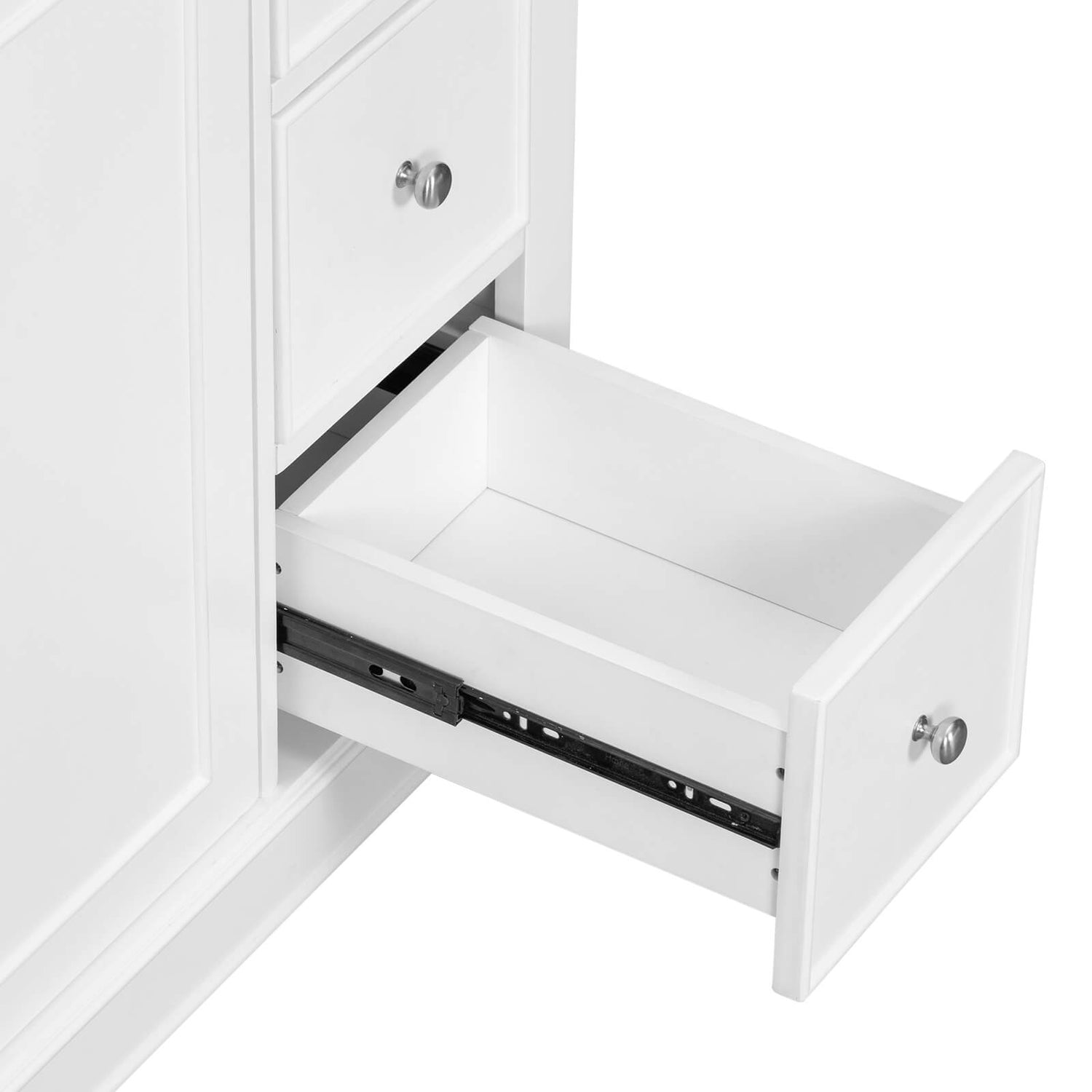 Open vanity drawer displaying organized space for hair styling tools