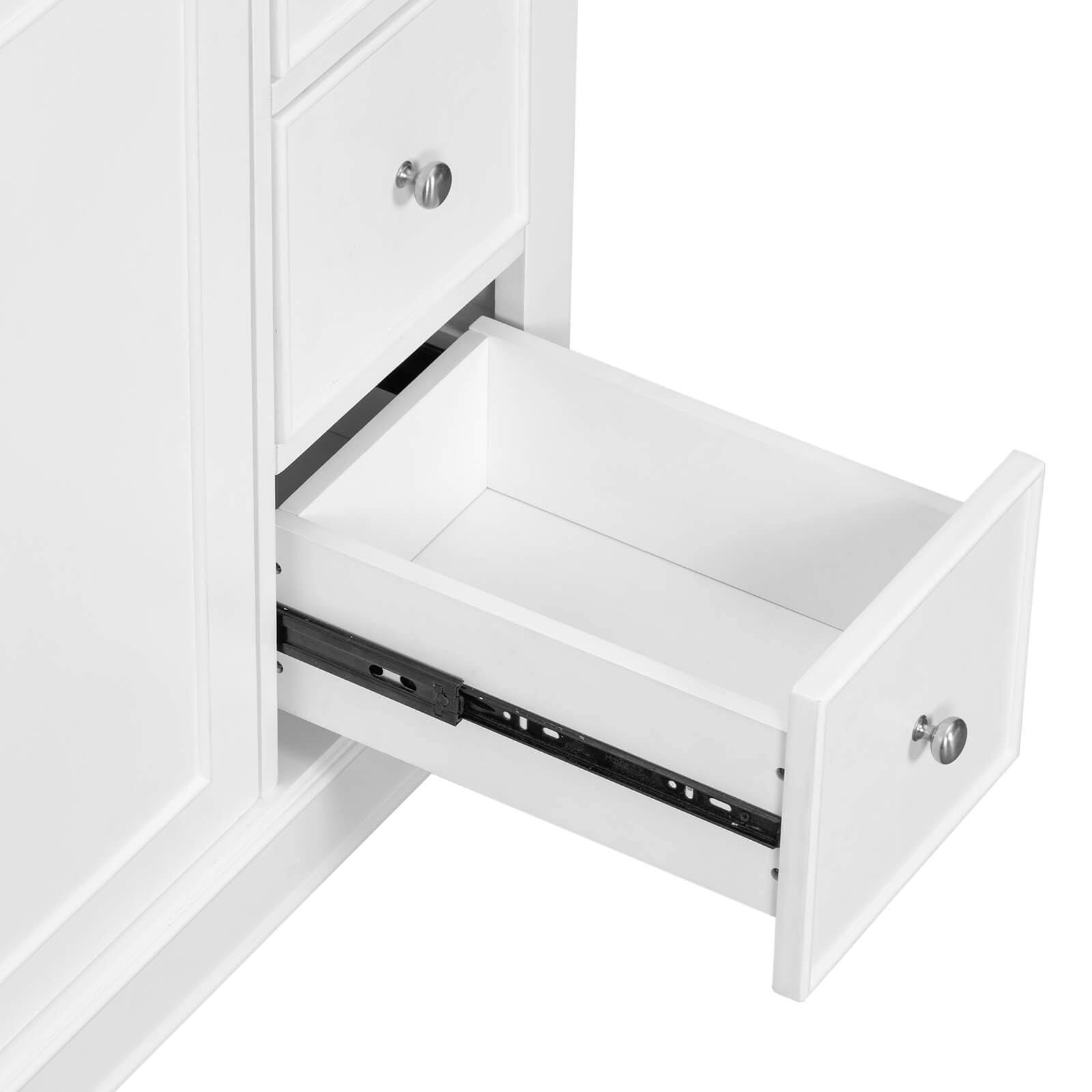 Open vanity drawer displaying organized space for hair styling tools
