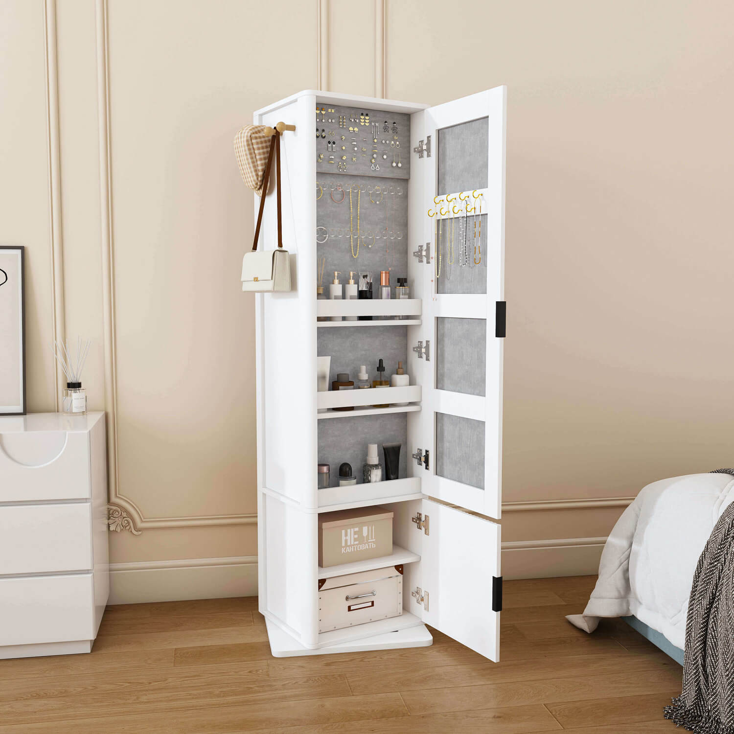 Open white storage mirror cabinet with jewelry and cosmetic storage