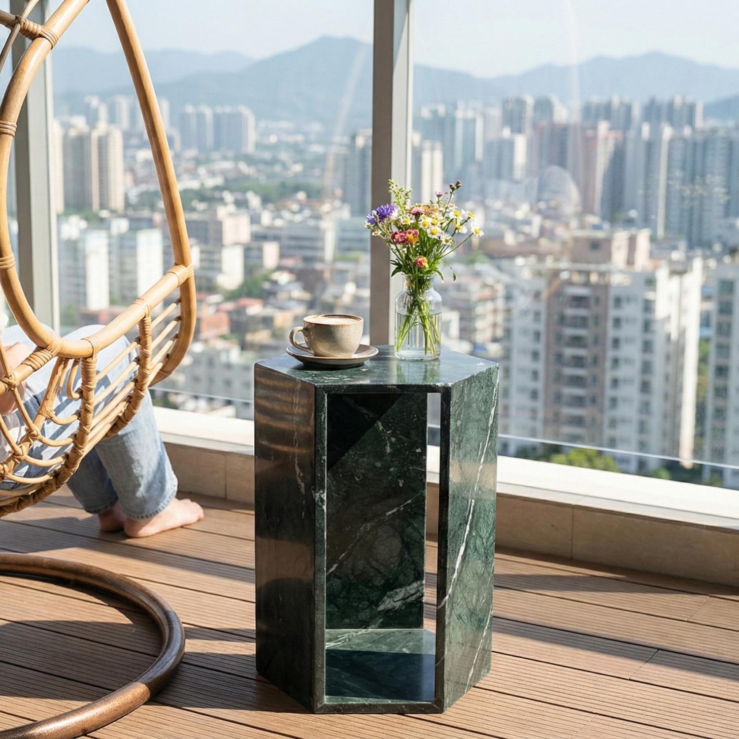 Elegant Emerald Green Marble Side Table with Dramatic White and Sea-green Veining for modern Bathroom or Balcony