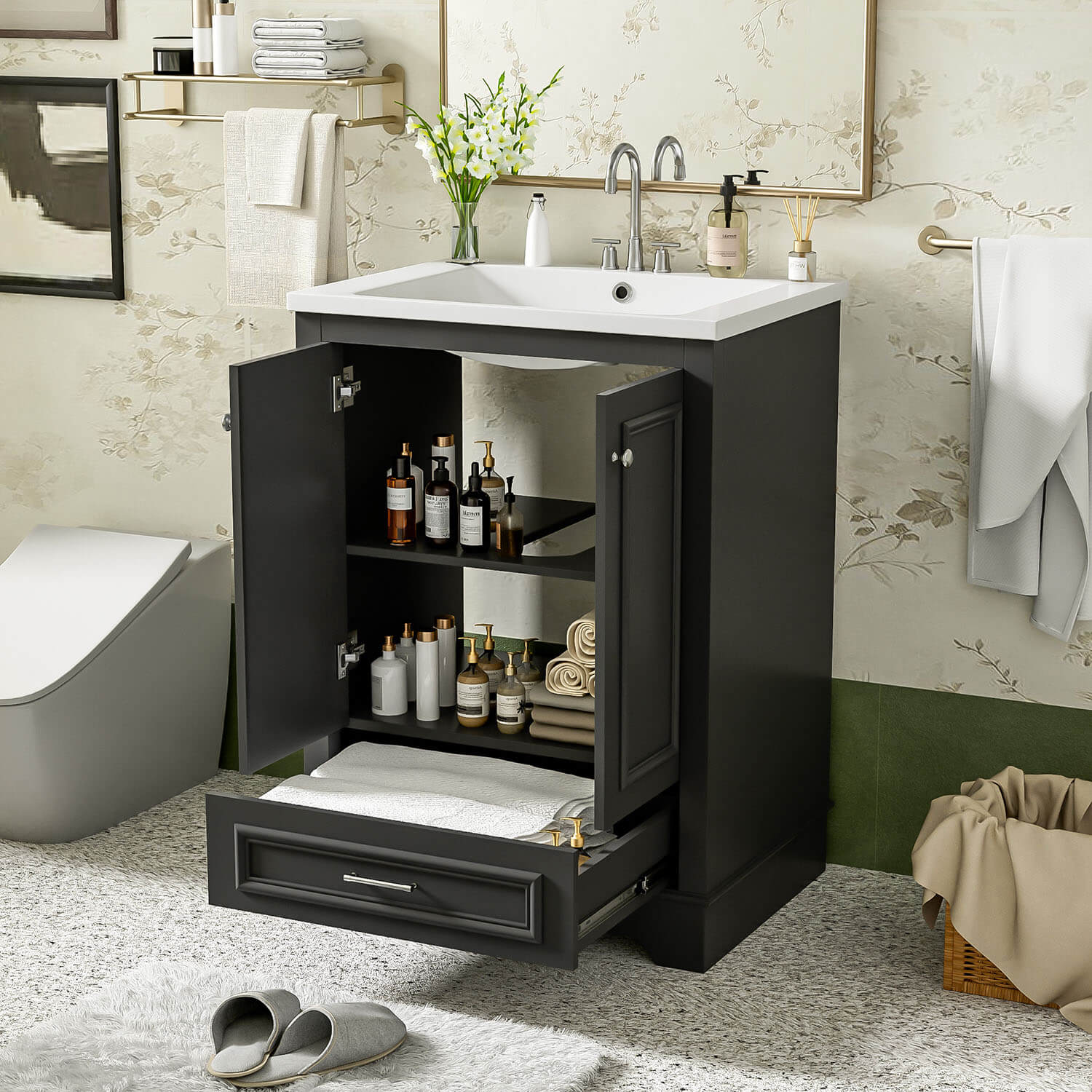 Modern 24" Black Bathroom Vanity with Integrated Ceramic Sink and Soft Closing Doors