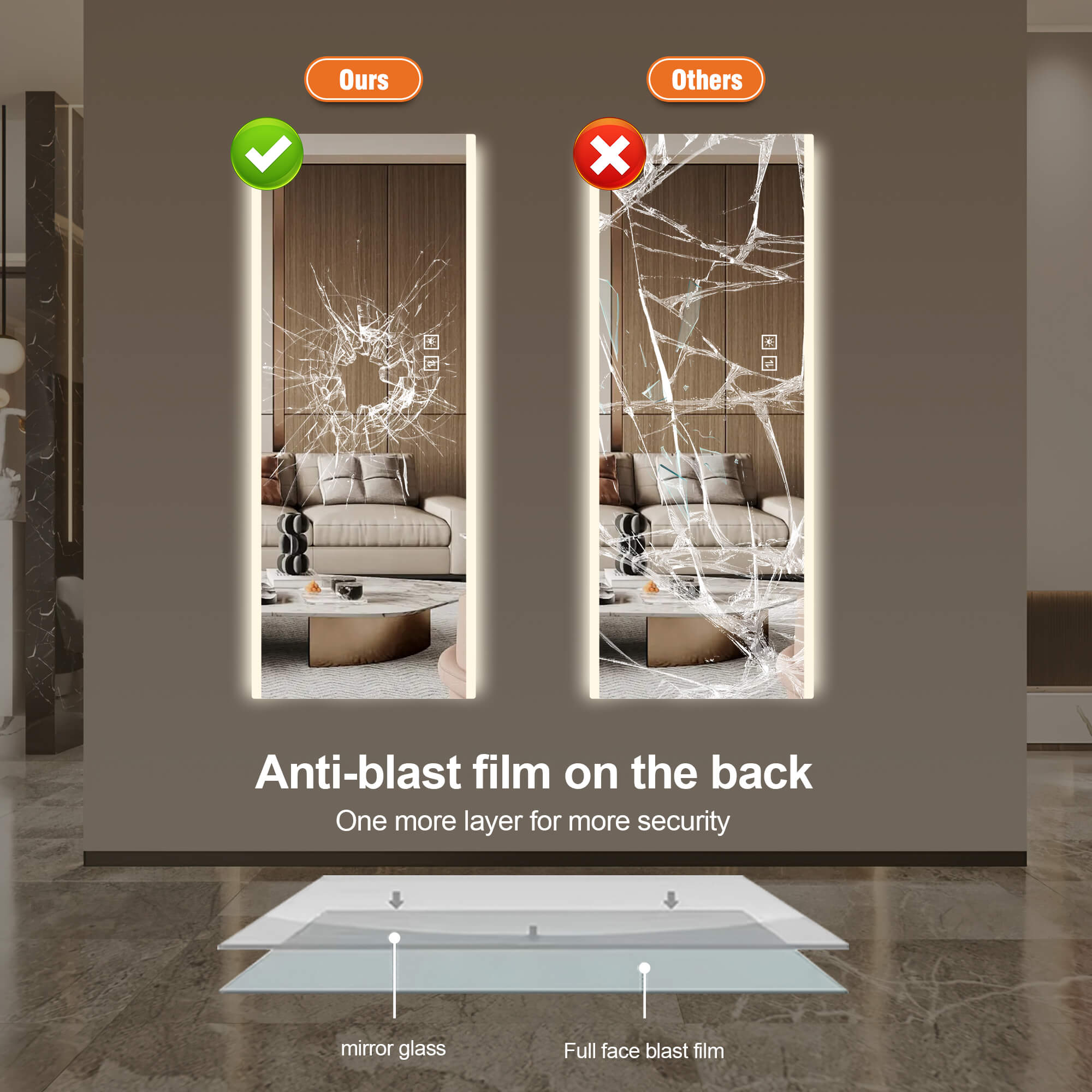 65"x21" Full Length LED Wall Mirror, Dimmable Color-Changing Lights, Frameless