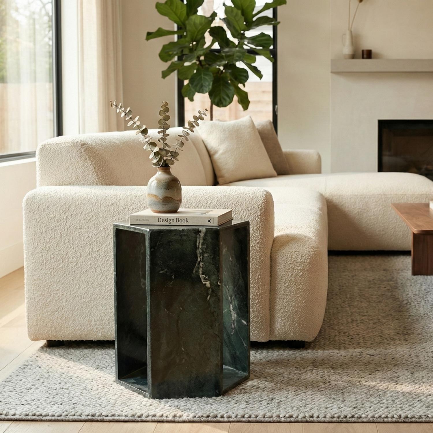 Elegant Emerald Green Marble Side Table with Dramatic White and Sea-green Veining for modern Bathroom or Balcony