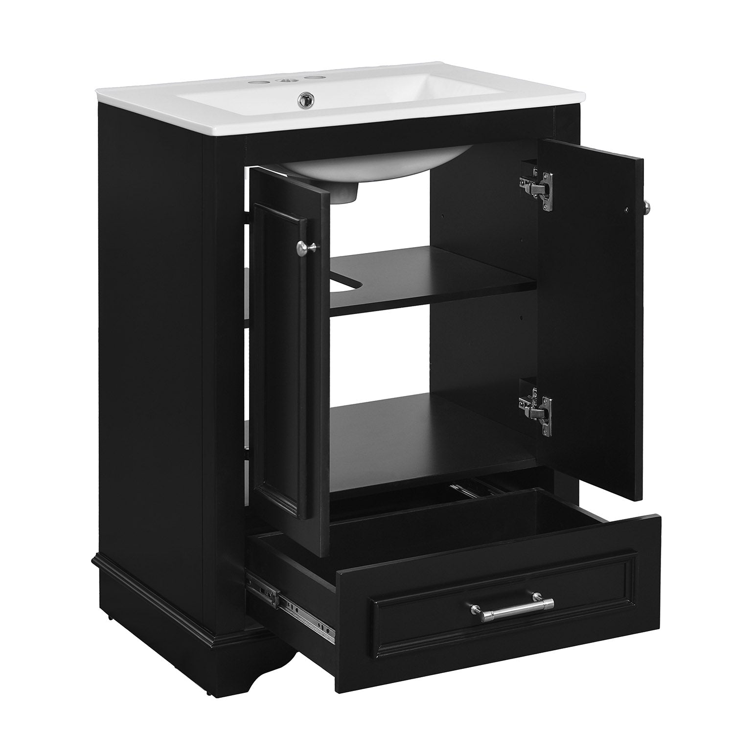 Modern 24" Black Bathroom Vanity with Integrated Ceramic Sink and Soft Closing Doors