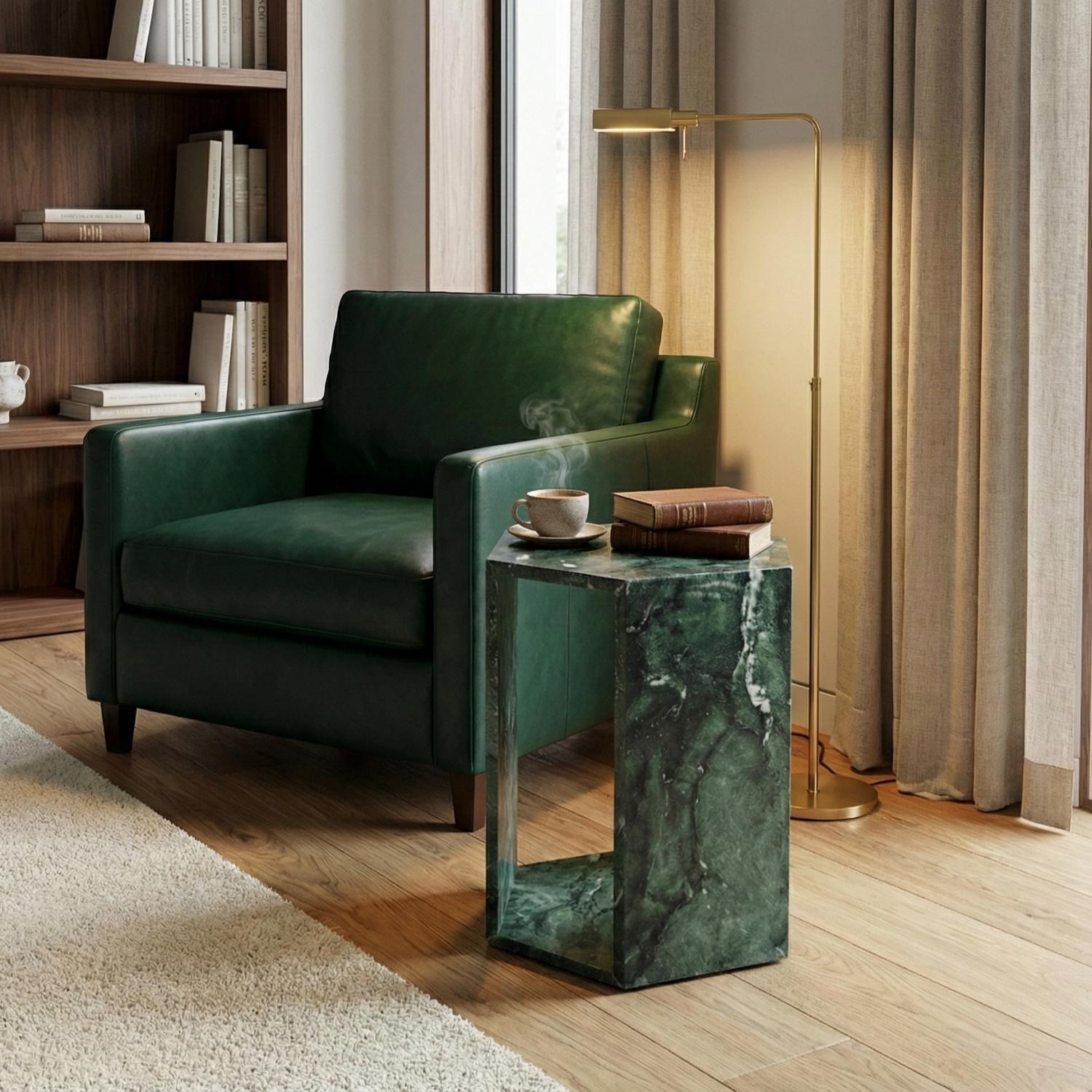Elegant Emerald Green Marble Side Table with Dramatic White and Sea-green Veining for modern Bathroom or Balcony