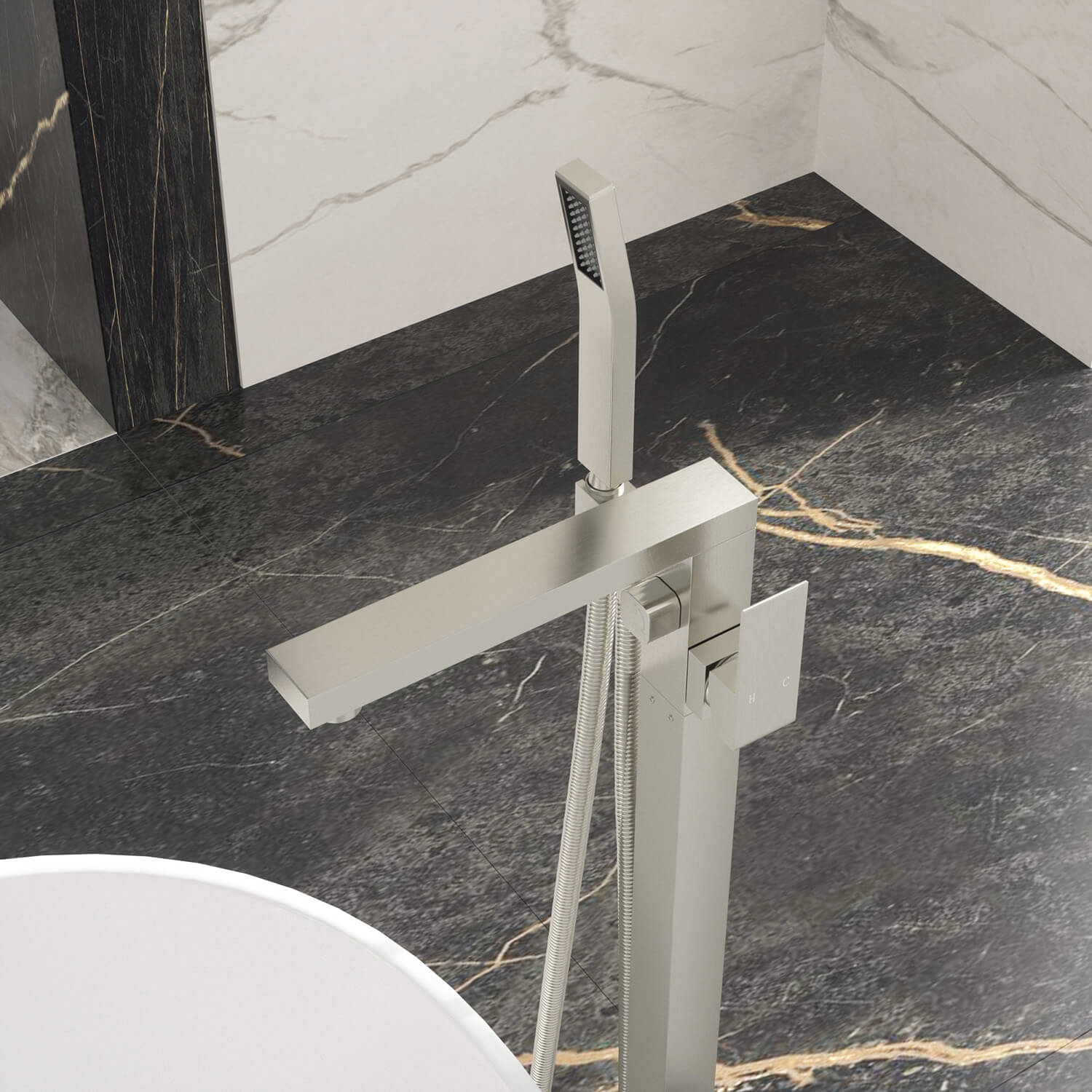 360° Rotation Freestanding Tub Filler Faucet with Hand Shower, Brushed Nickel & Brushed Gold