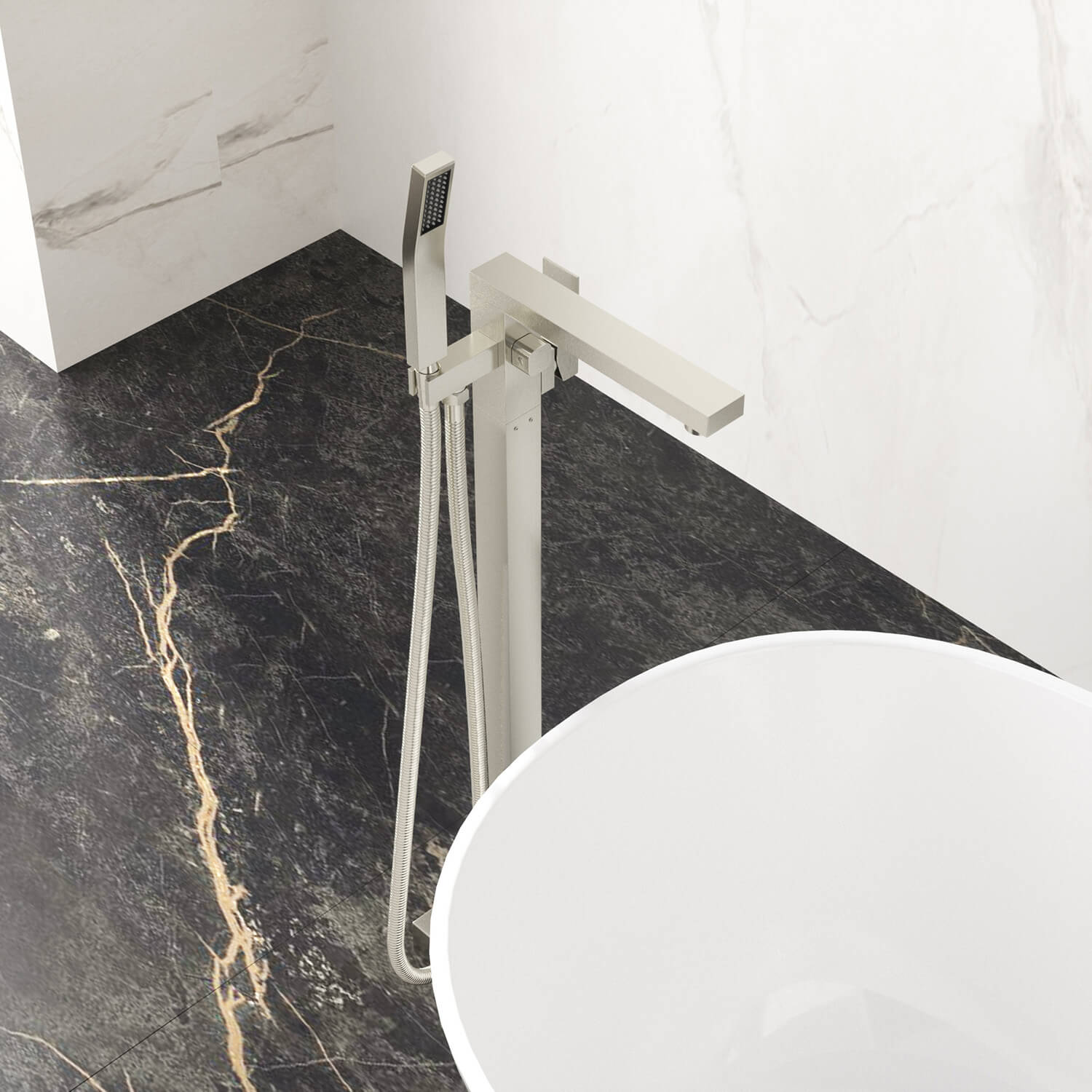 360° Rotation Freestanding Tub Filler Faucet with Hand Shower, Brushed Nickel & Brushed Gold