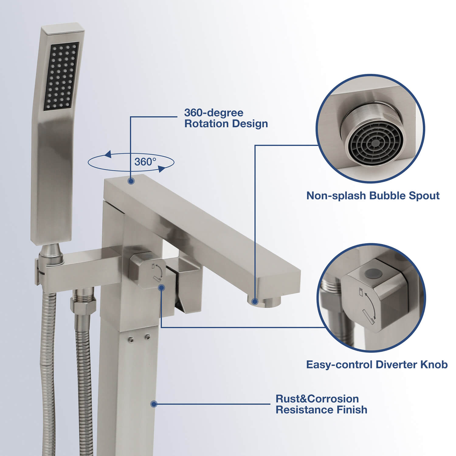 360° Rotation Freestanding Tub Filler Faucet with Hand Shower, Brushed Nickel & Brushed Gold