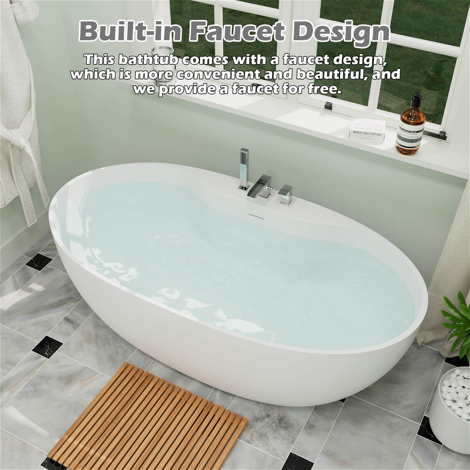 Oval bathtub with integrated three hole deck for faucet installation