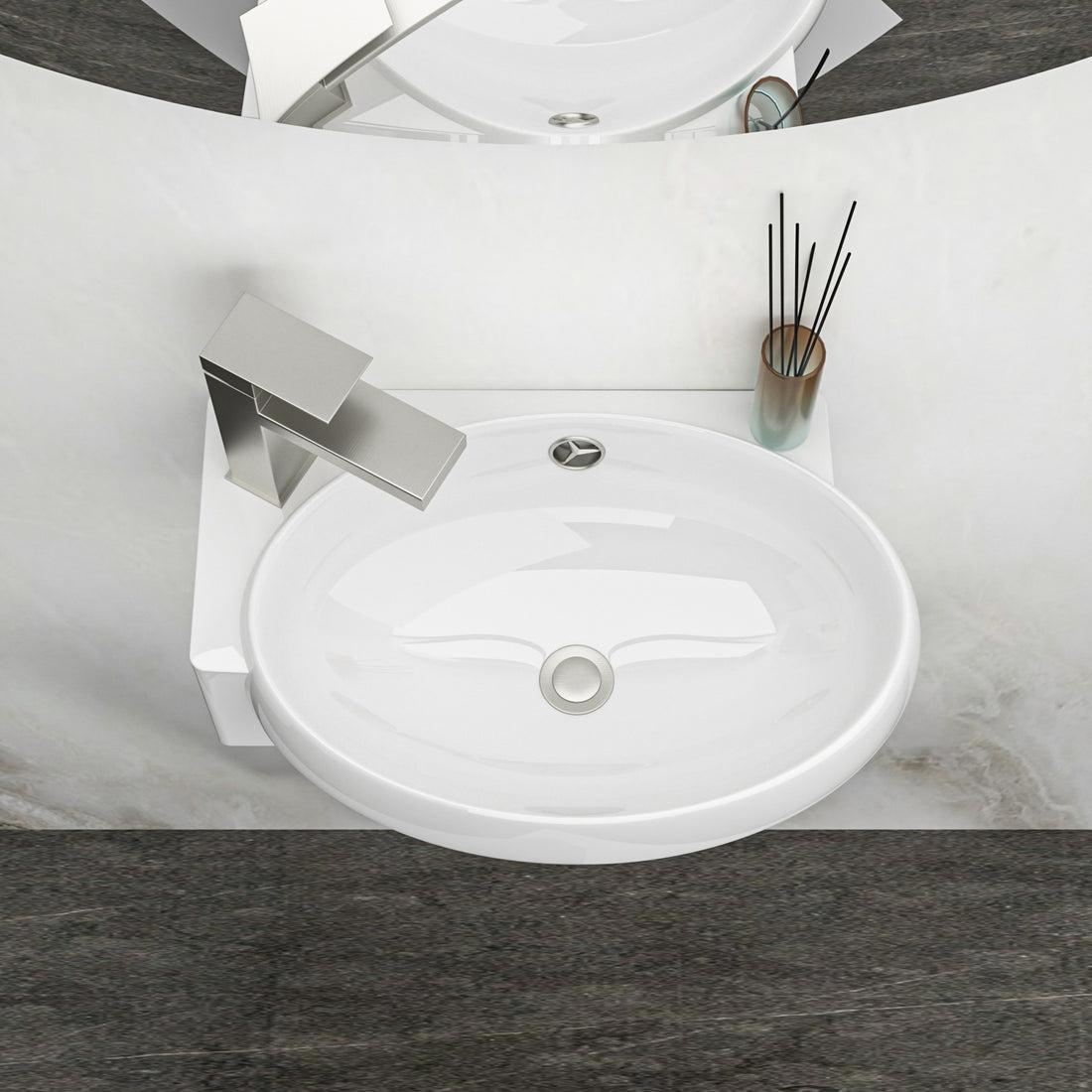 Oval ceramic wall mounted bathroom sink with left faucet hole