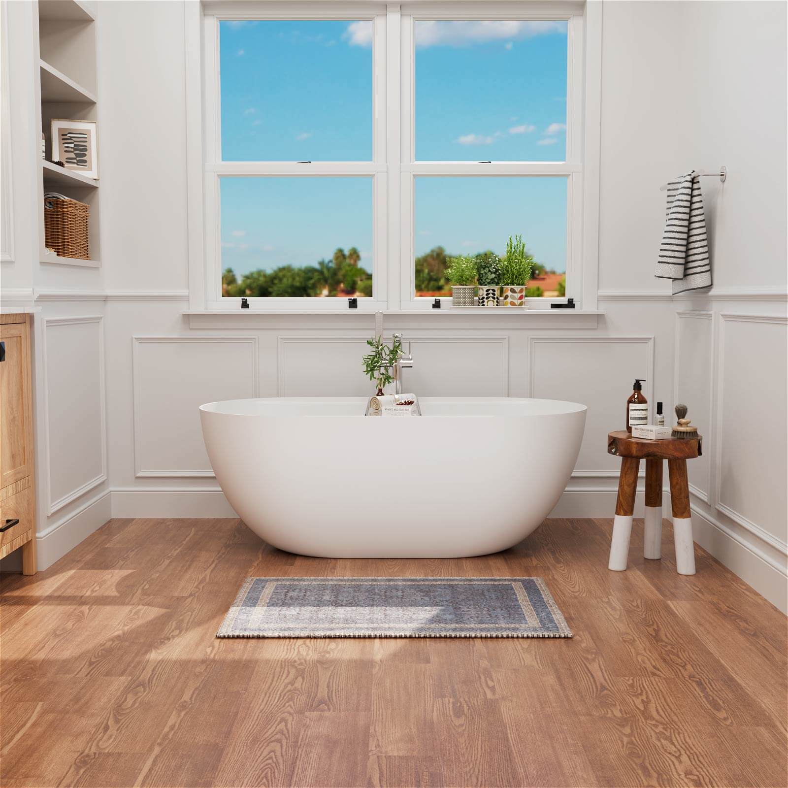 Oval solid surface soaking tub with modern spa style look