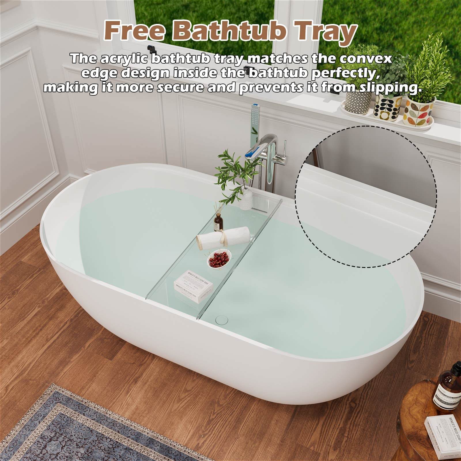 Oval symmetry bathtub with free clear acrylic bath tray