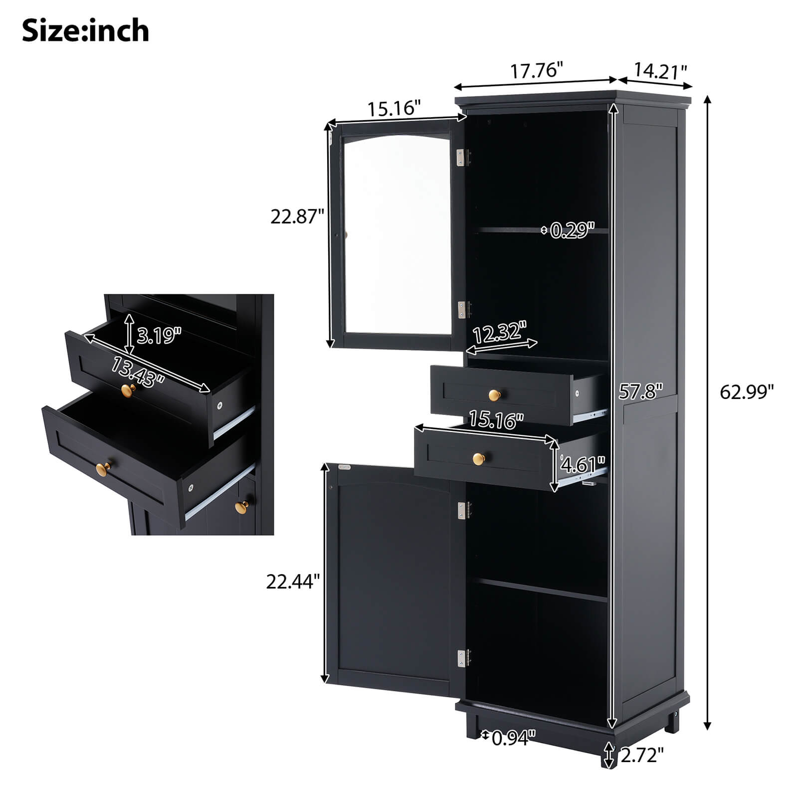 Overall detailing of the 63 inch tall black freestanding linen cabinet