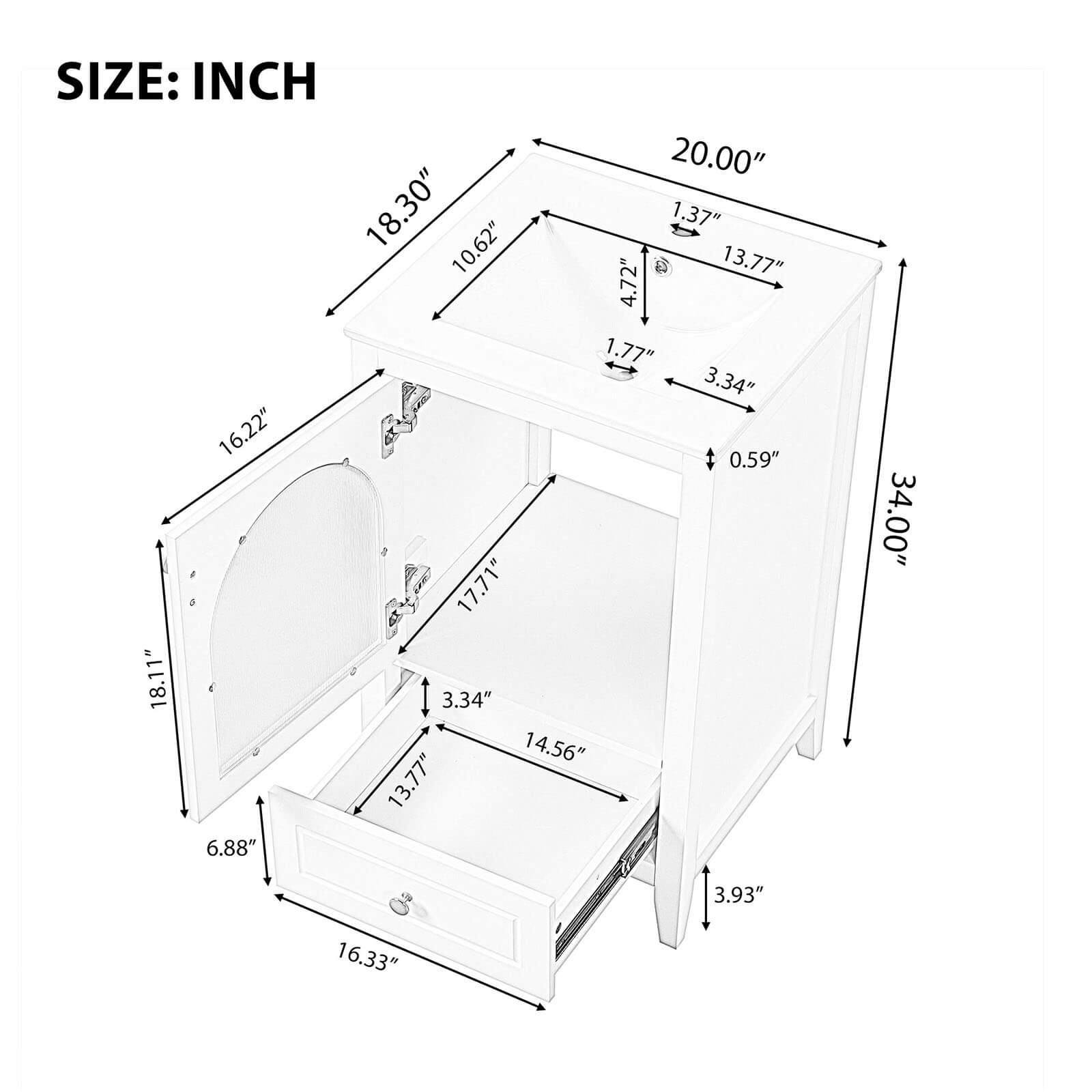 Overall dimensions of 20 inch white bathroom vanity with clear glass door