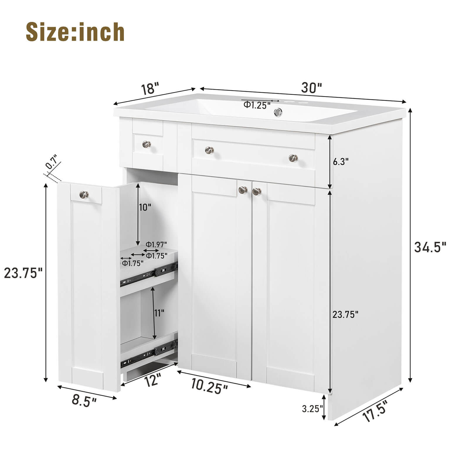 Overall dimensions of 30 inch white bathroom vanity with soft close door
