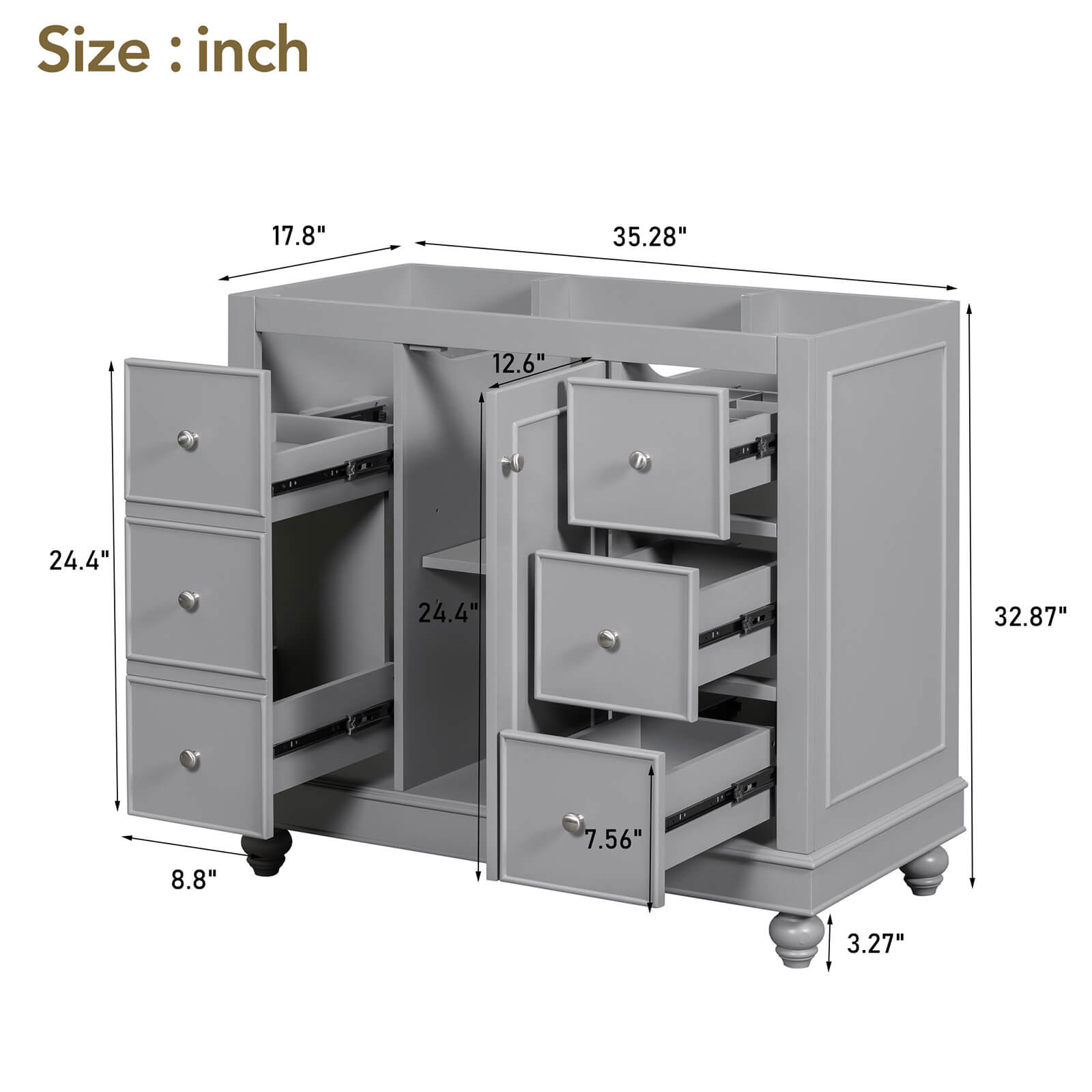 Overall dimensions of 36 inch grey bathroom vanity cabinet with hair dryer storage space