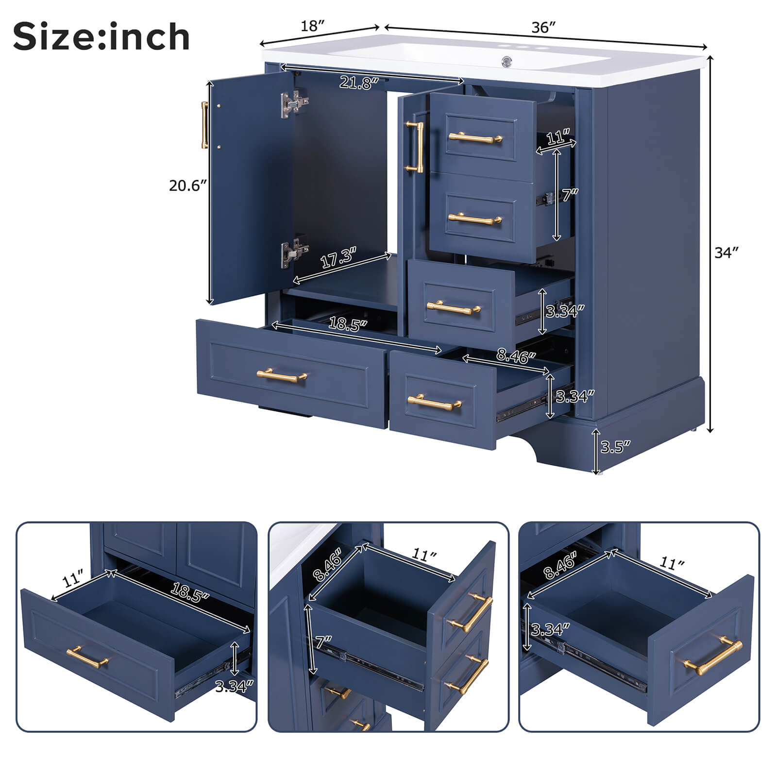 Overall dimensions of 36 inch traditional blue bathroom vanity with resin sink