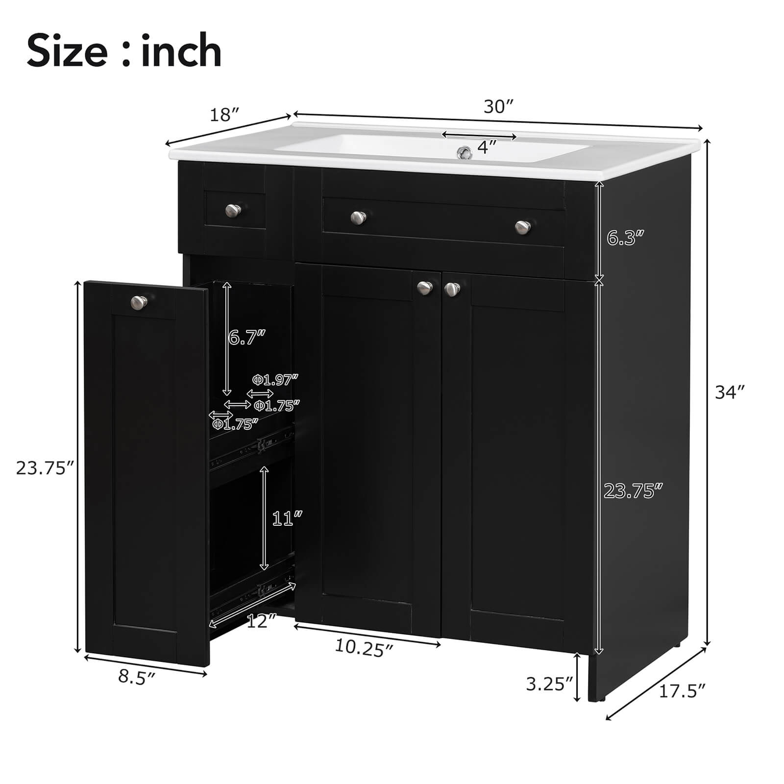 Overall dimensions of a 30 inch black bathroom vanity with soft-close door design