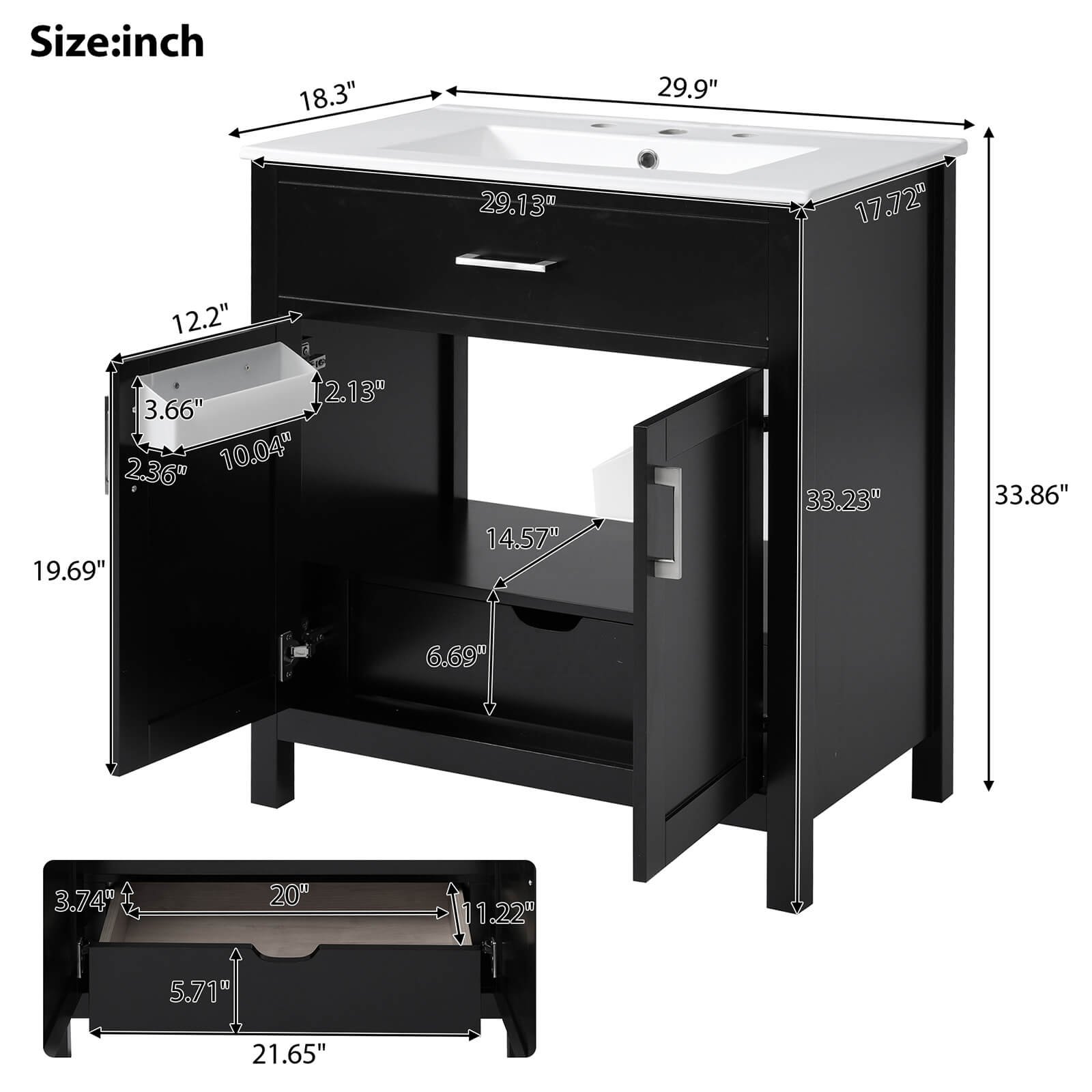 Overall dimensions of a 30 inch modern black silk finish freestanding vanity