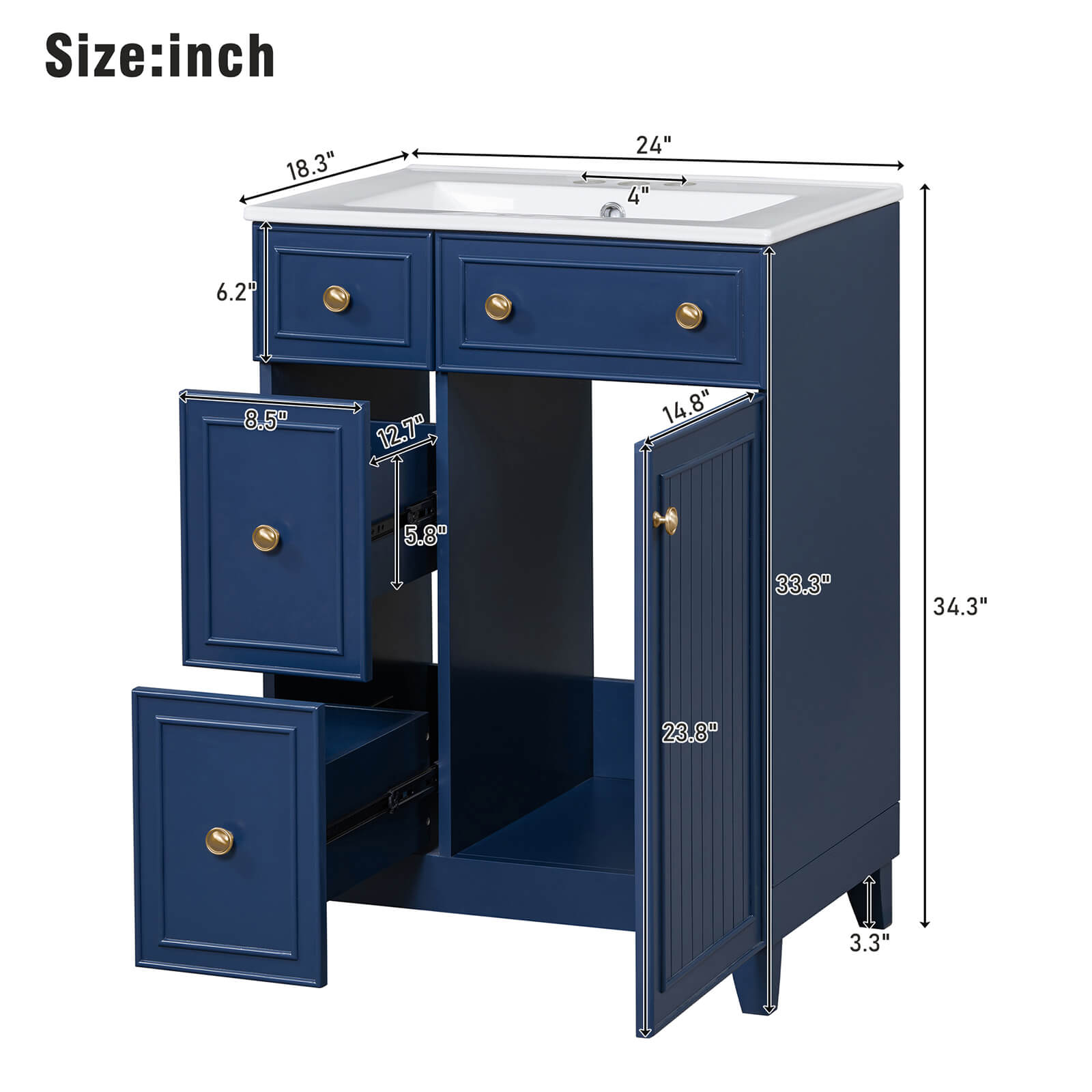 Overall dimensions of the 24 inch small navy blue bathroom vanity with 2 drawers