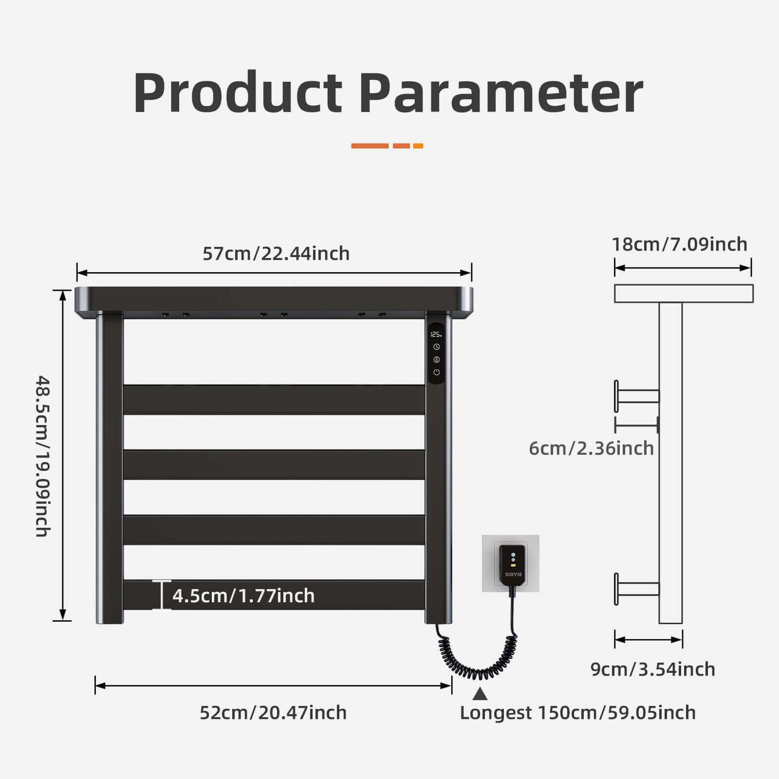 Overall dimensions of the black plug-in heated towel rail