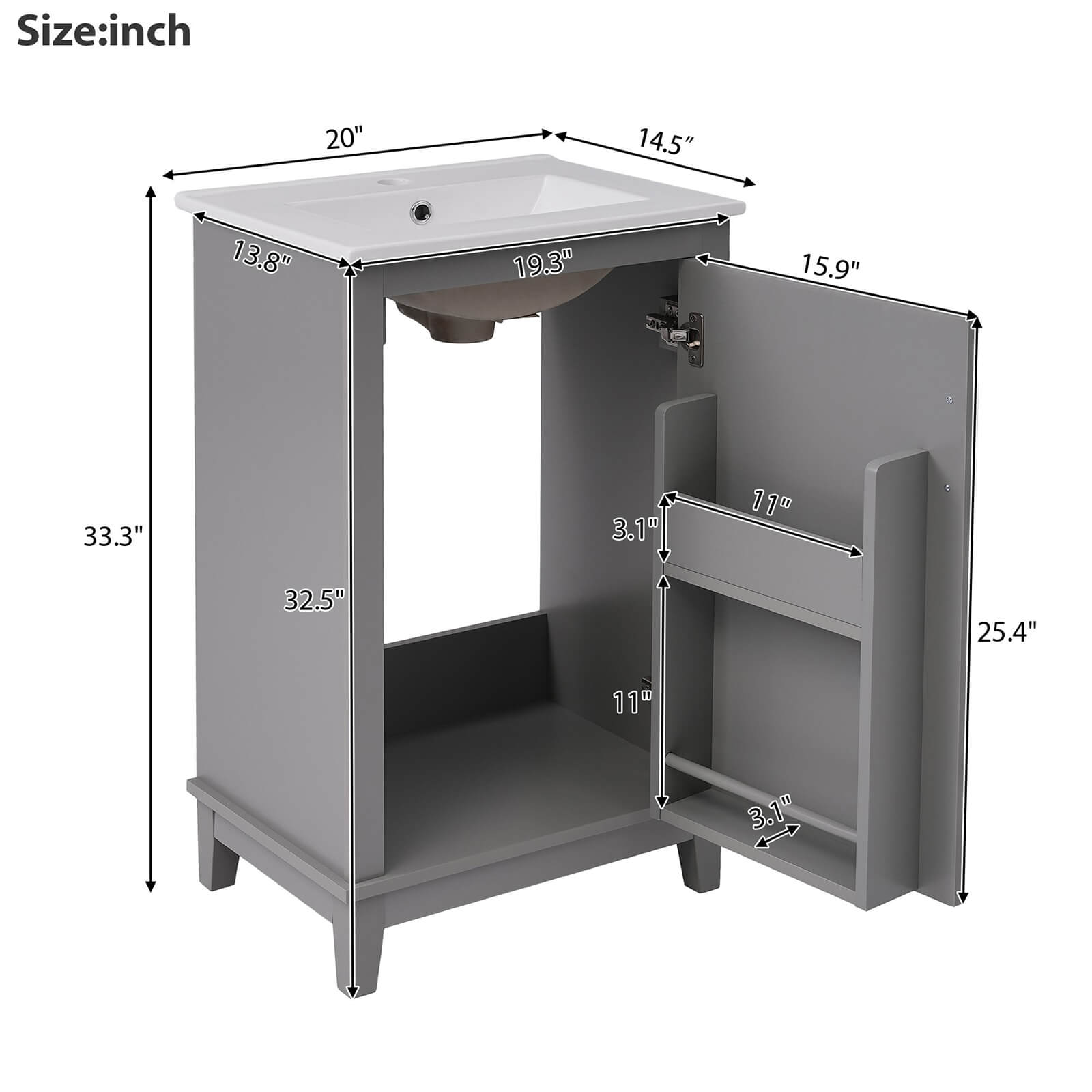 Overall dimensions specifications for 20 inch grey single door bathroom vanity