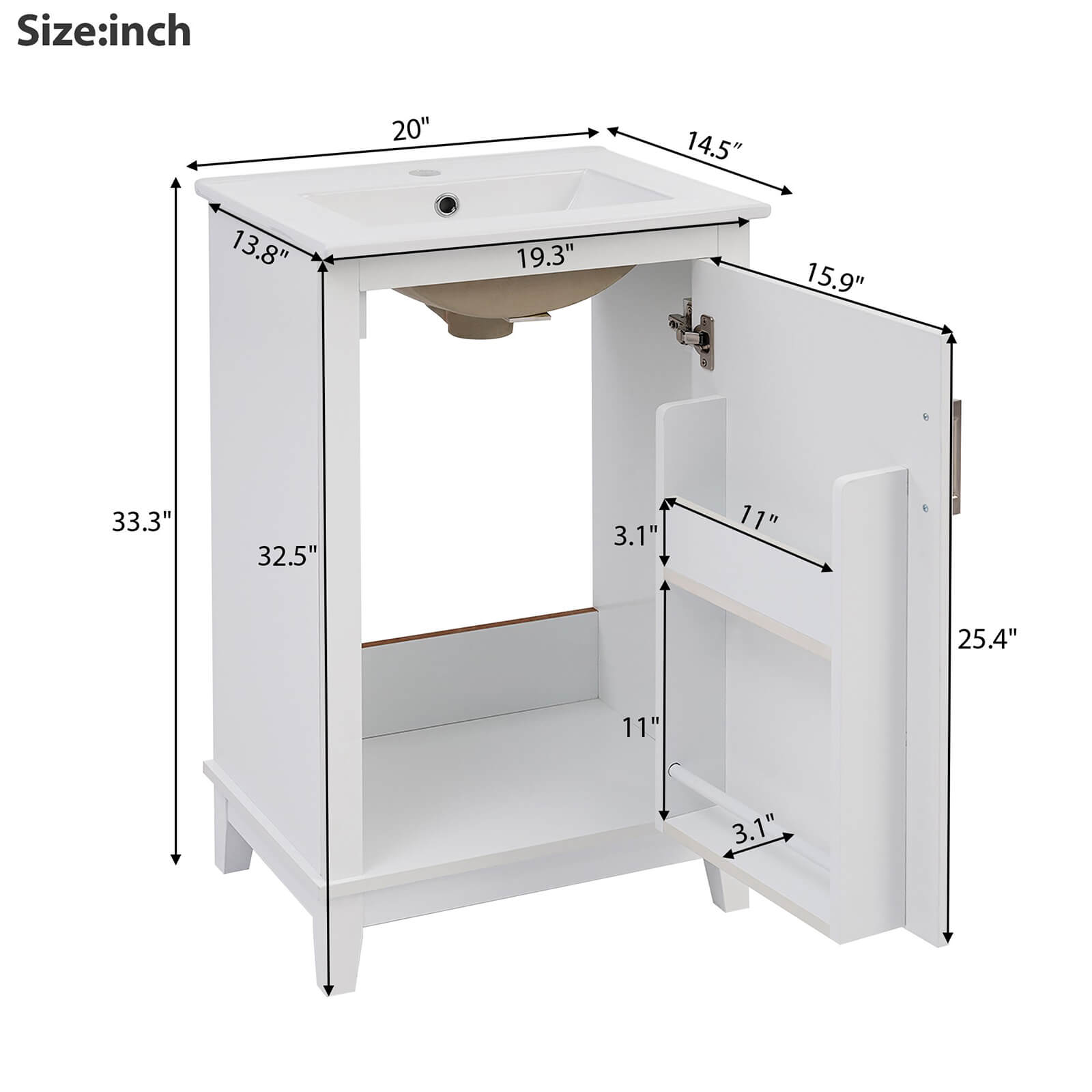 Overall dimensions specifications for 20 inch white single door bathroom vanity