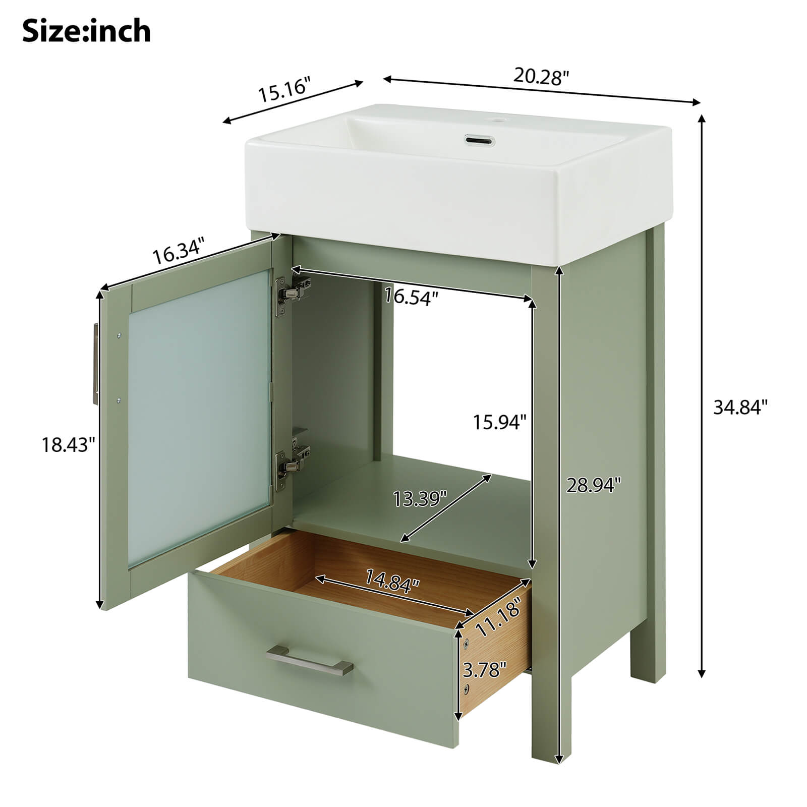 Overall dimensions specifications for a 20 inch green dresser with frosted glass door