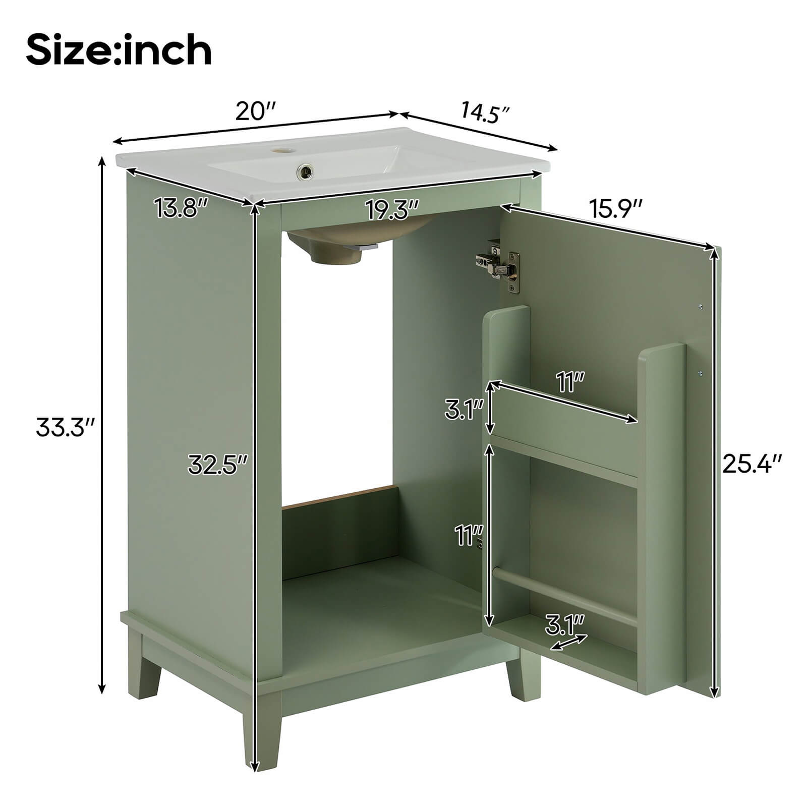 Overall dimensions specifications for a 20 inch sage green single door bathroom vanity