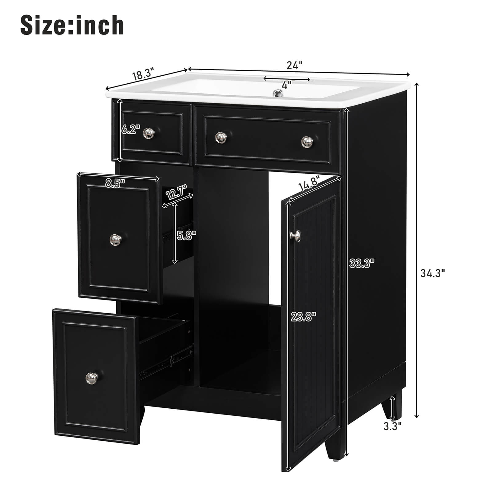 Overall dimensions specifications for a 24 inch small black bathroom vanity with 2 drawers