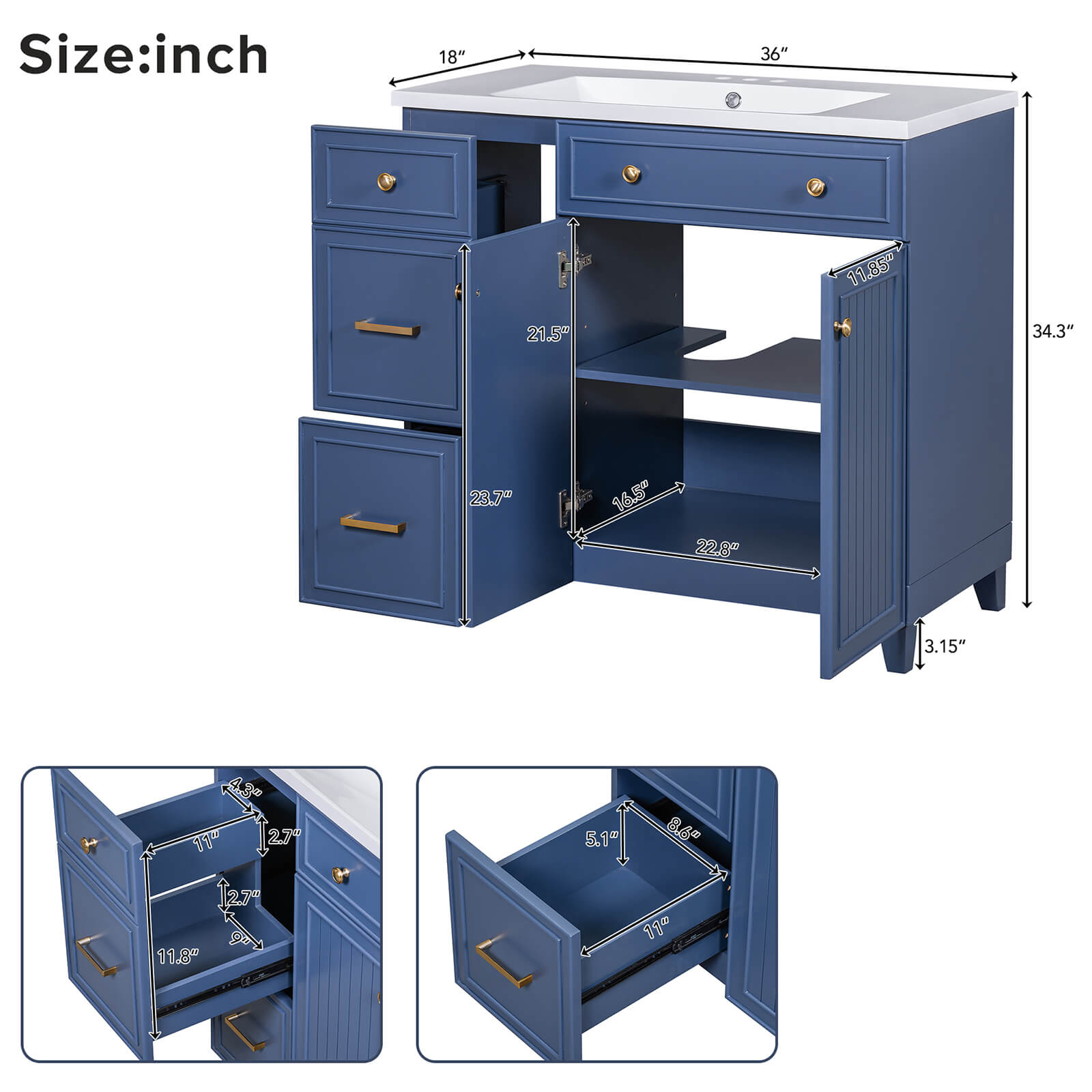 Overall dimensions specifications for a 36 inch navy blue bathroom vanity with adjustable shelves
